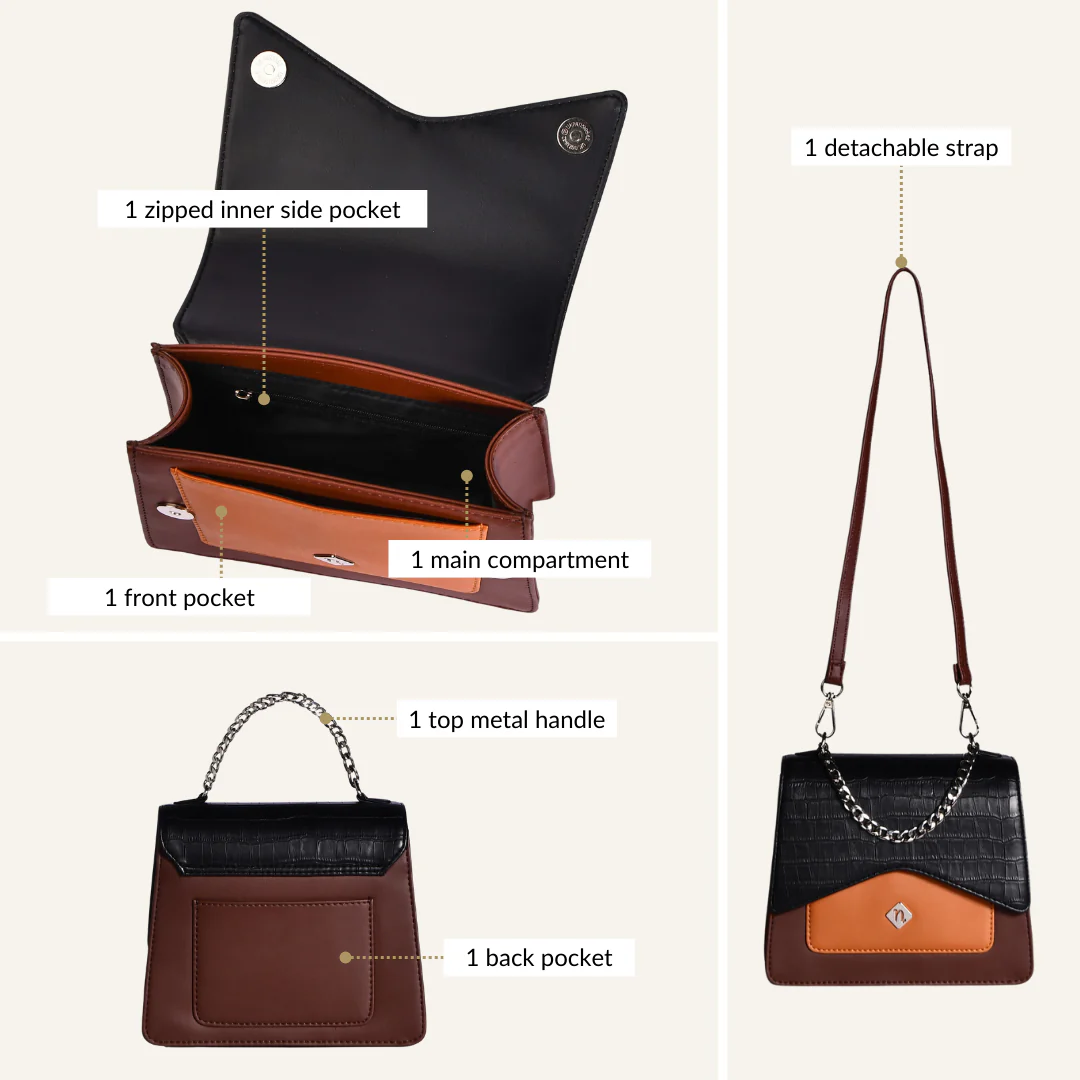 Croco Brown And Orange Handheld Bag - Image 6