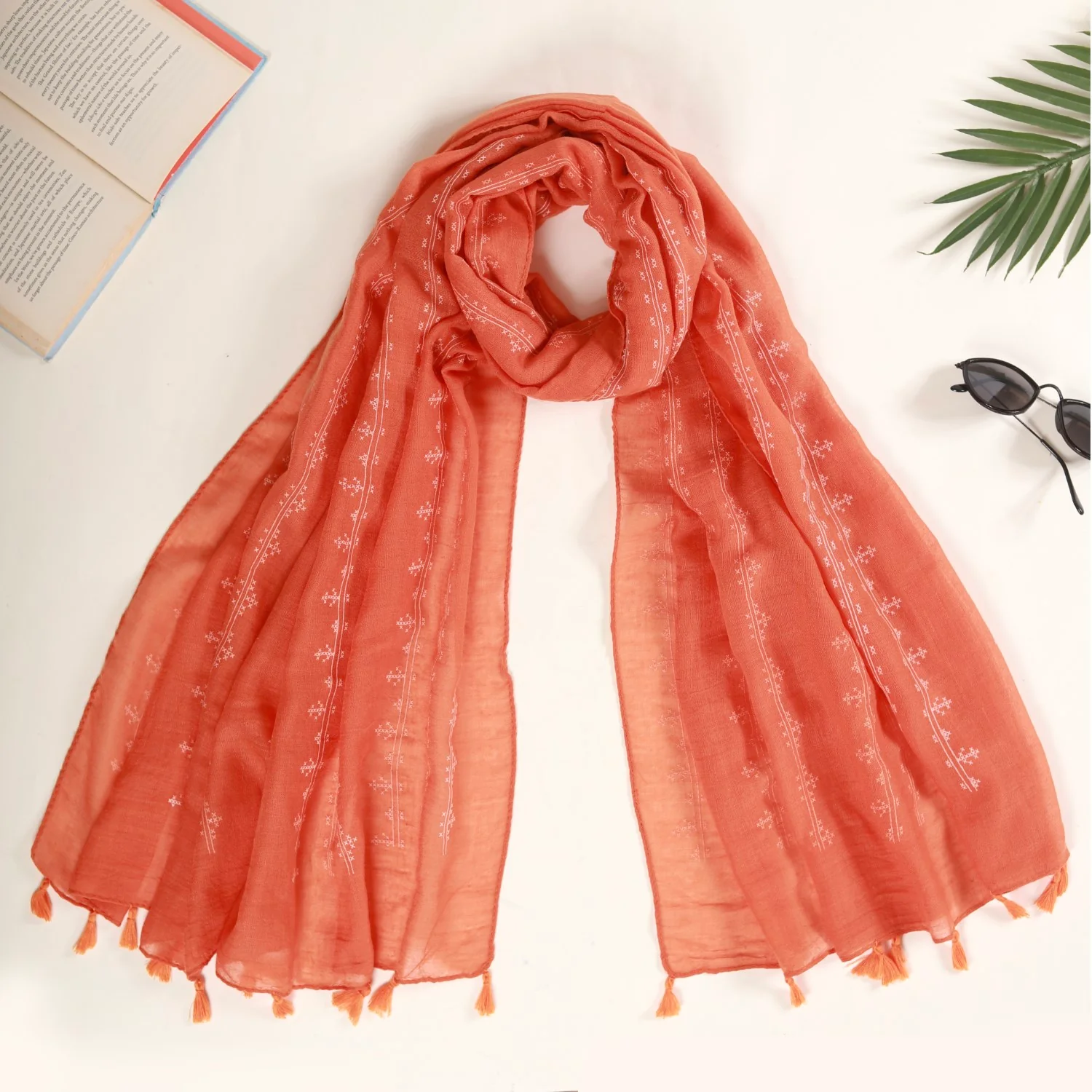 Cross Stitch Scarf With Tassels Orange