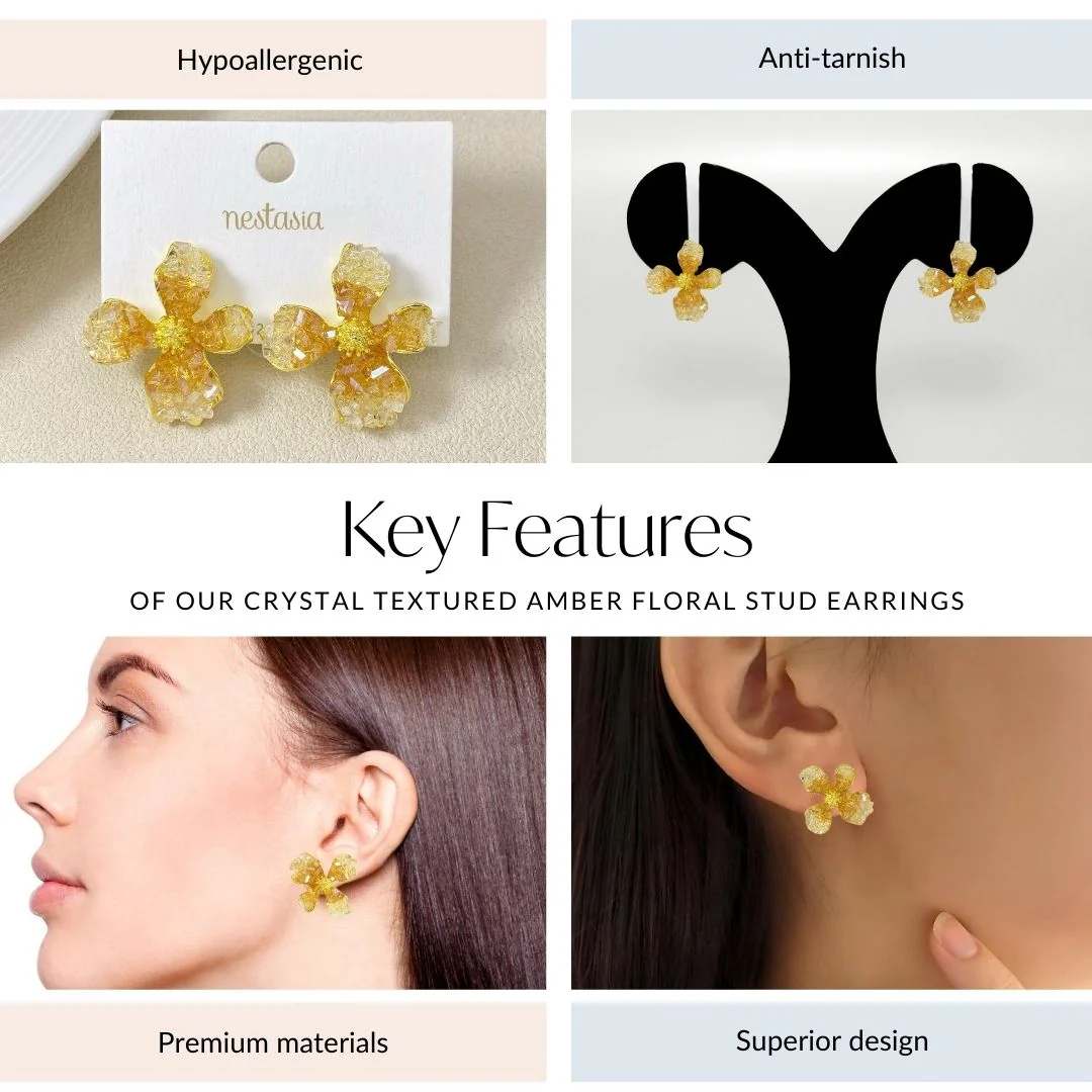 Crystal Textured Amber Floral Stud Earrings - Image 4