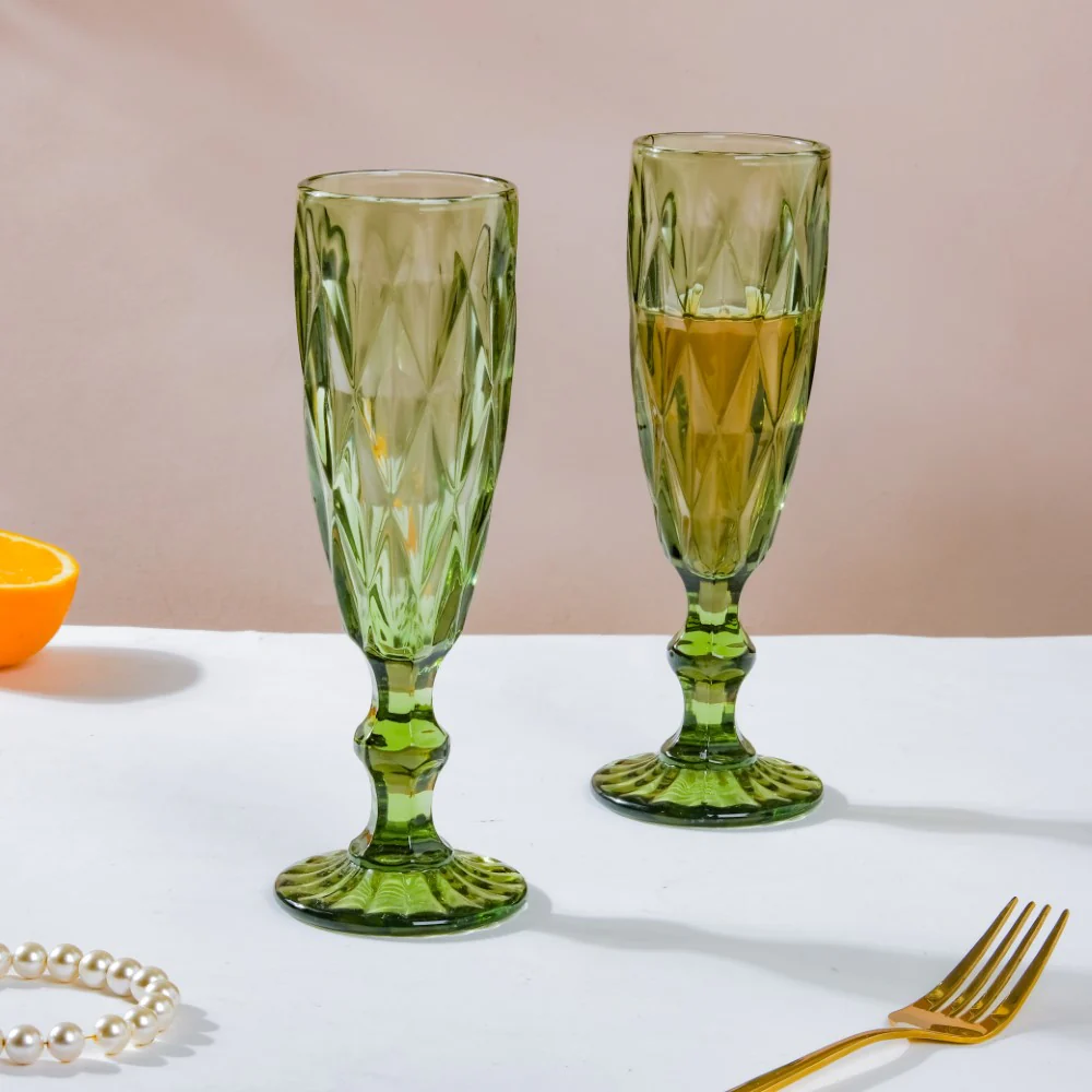 Crystal Textured Champagne Glass Green Set Of 6 150 ml - Image 10