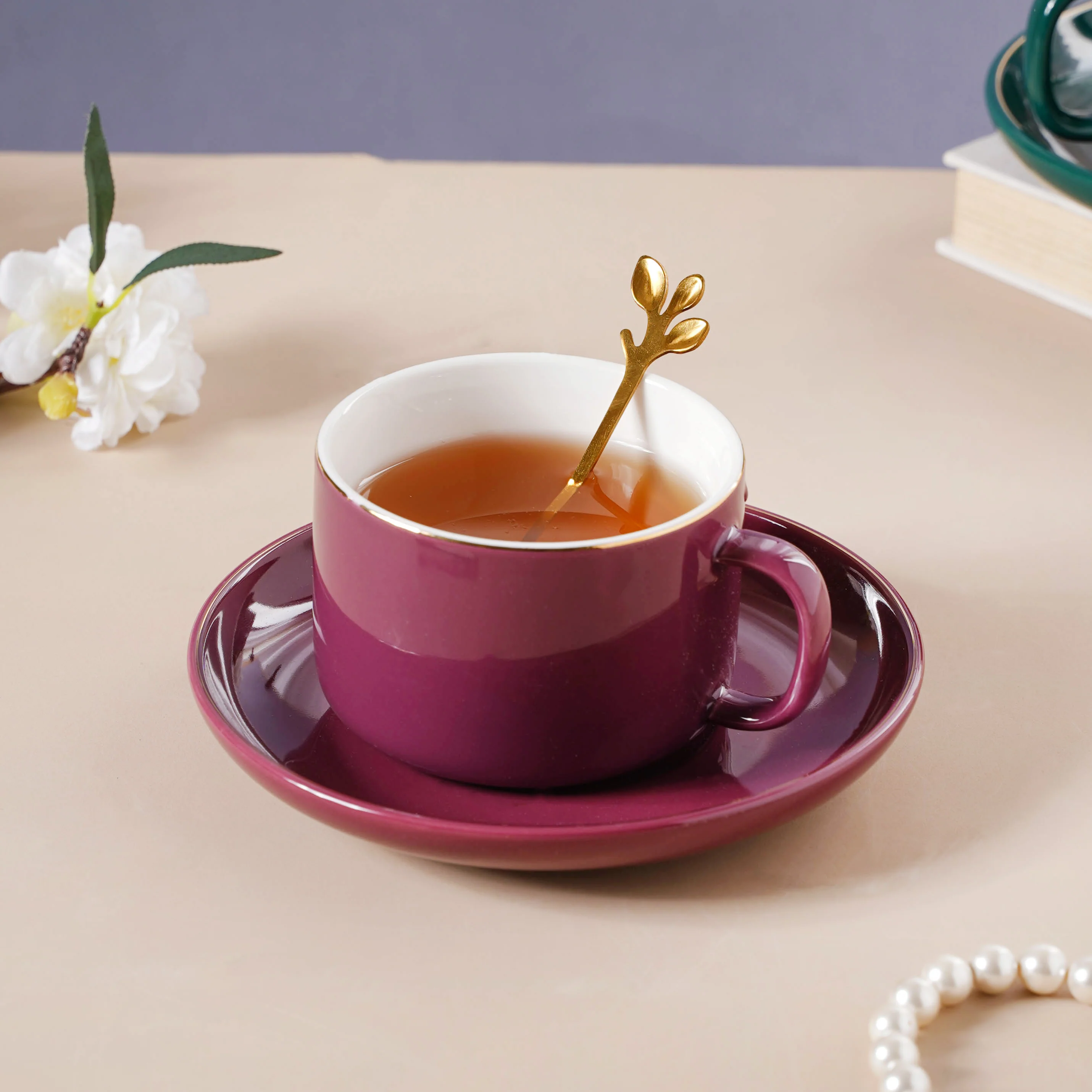 Cup And Saucer With Leaf Spoon - Image 4