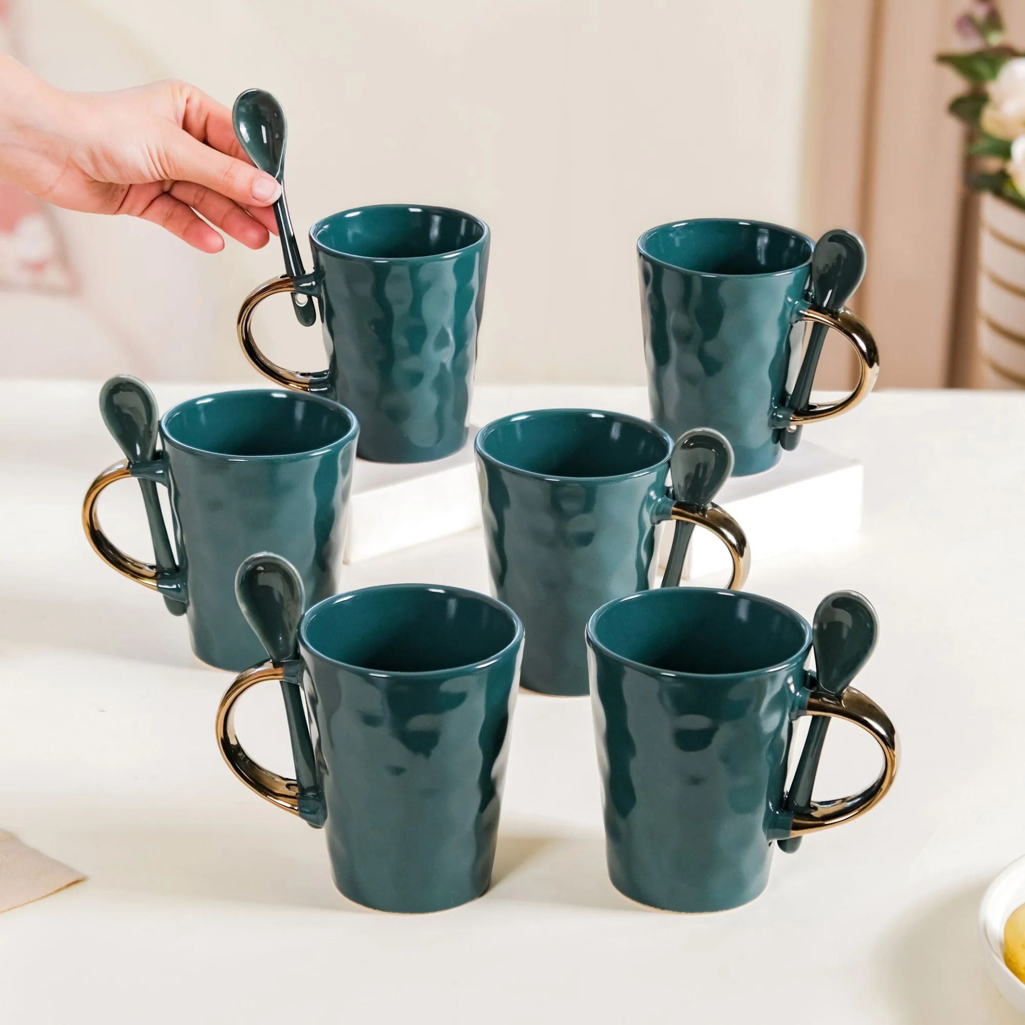 Cup With Spoon Set Of 6 Glossy Dark Green 350ml - Image 2