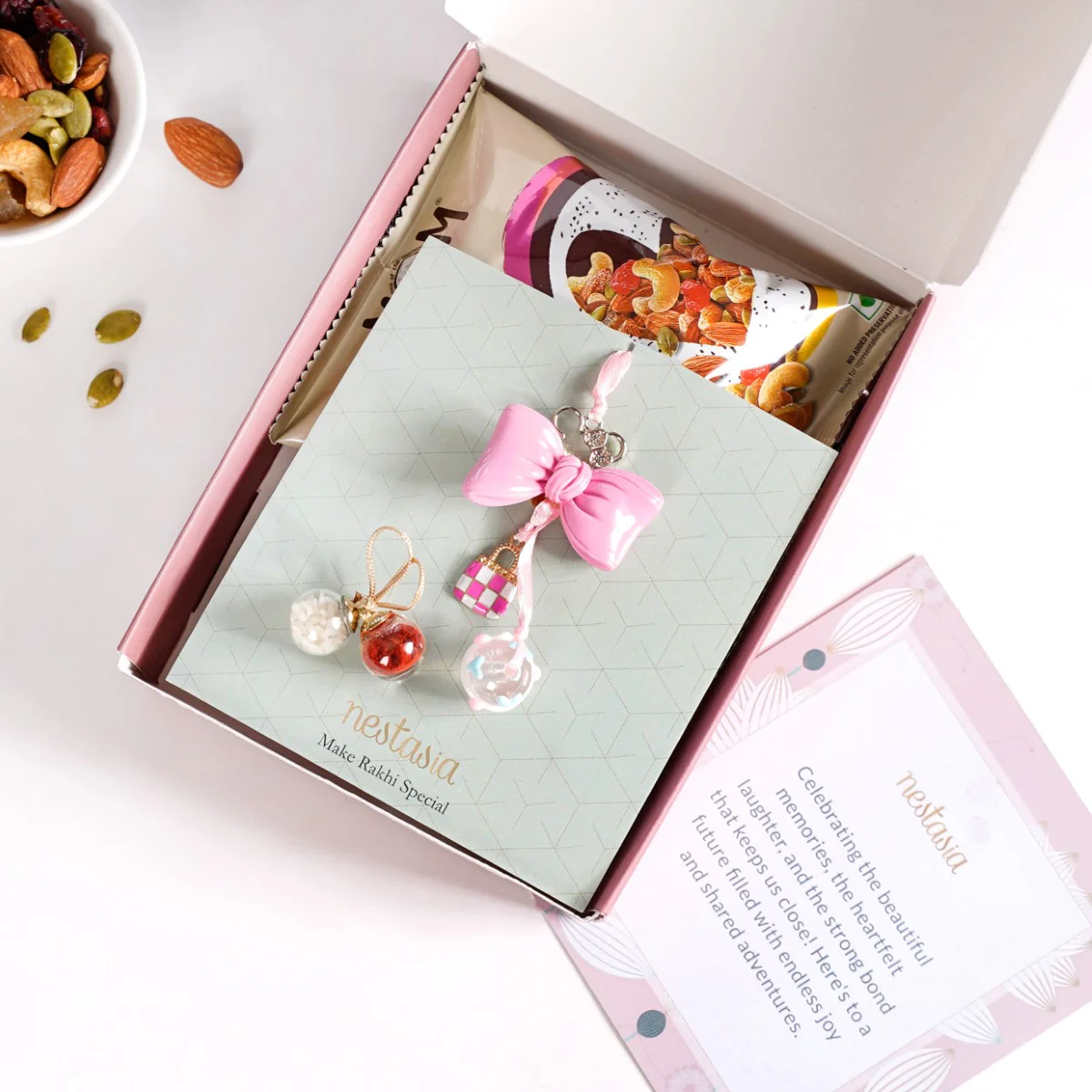 Cute Girl Bow Rakhi Gift Set Of 3 With Box And Card - Image 3