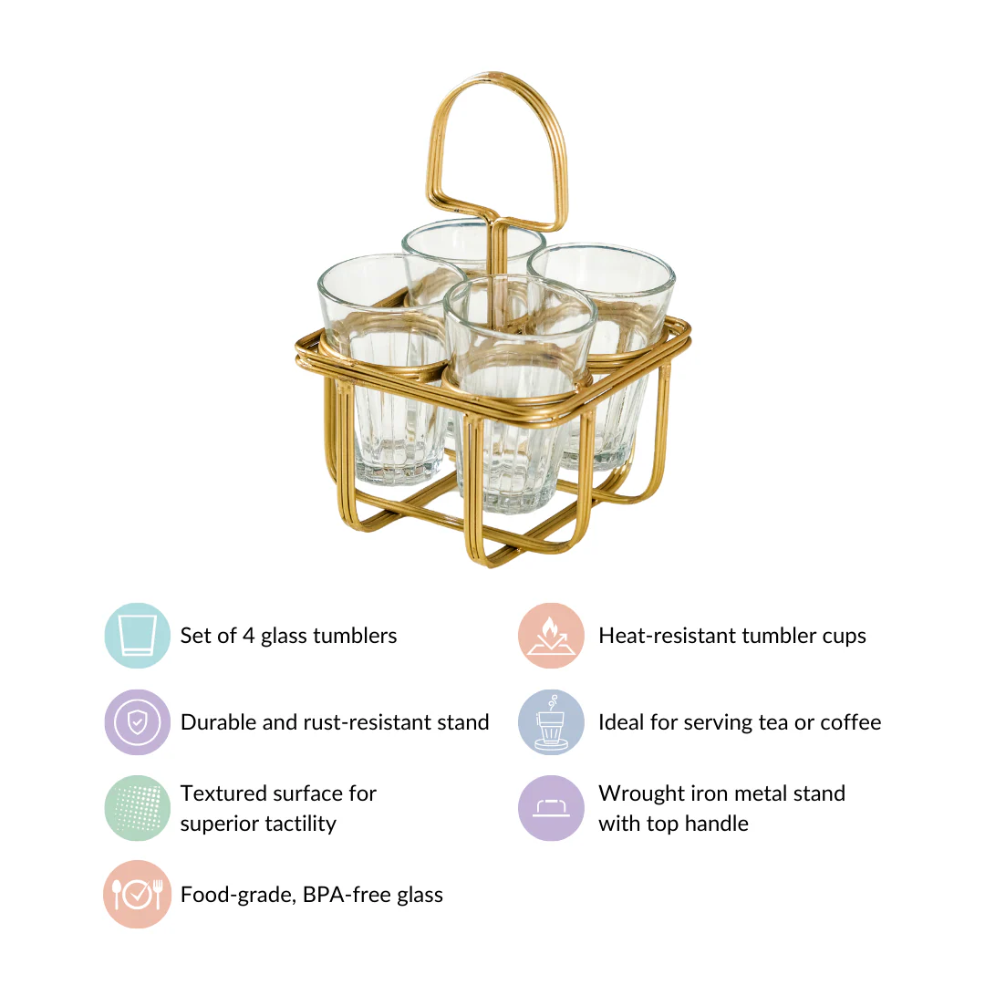 Cutting Chai Glass Set Of 4 With Gold Metal Stand - Image 5