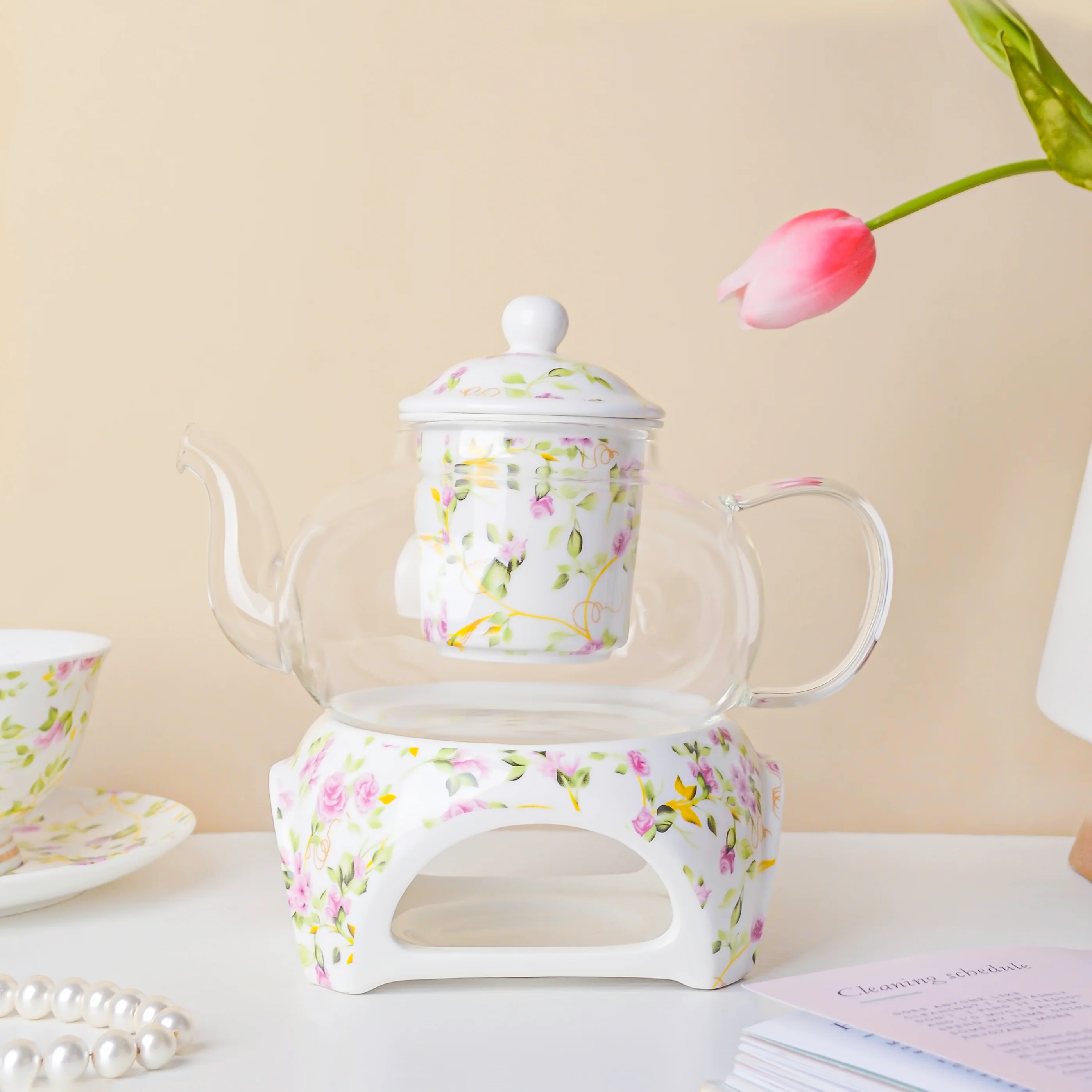 Daffodil Yellow And Pink Glass Teapot With Warmer Base 700 ml - Image 5