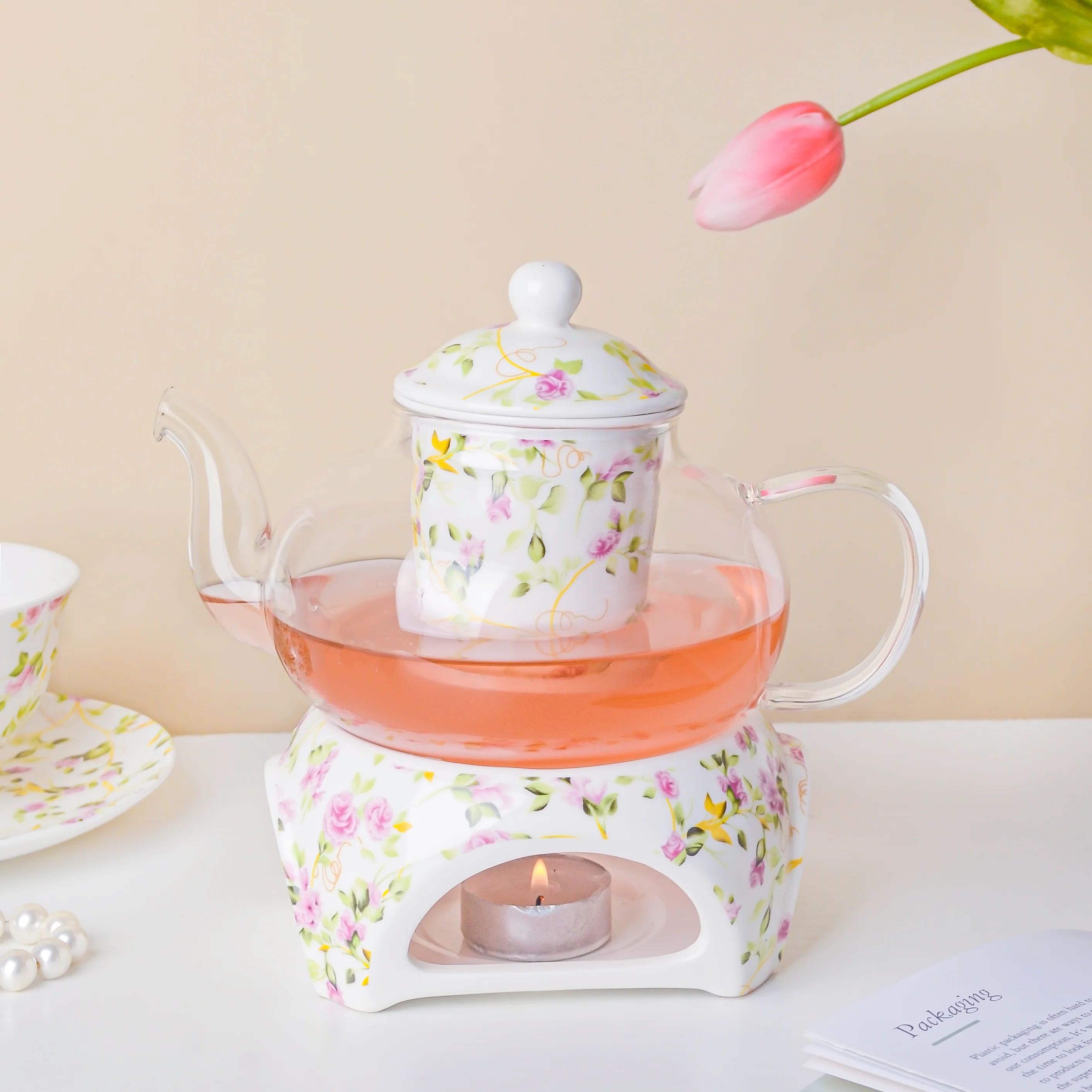 Daffodil Yellow And Pink Glass Teapot With Warmer Base 700 ml - Image 7