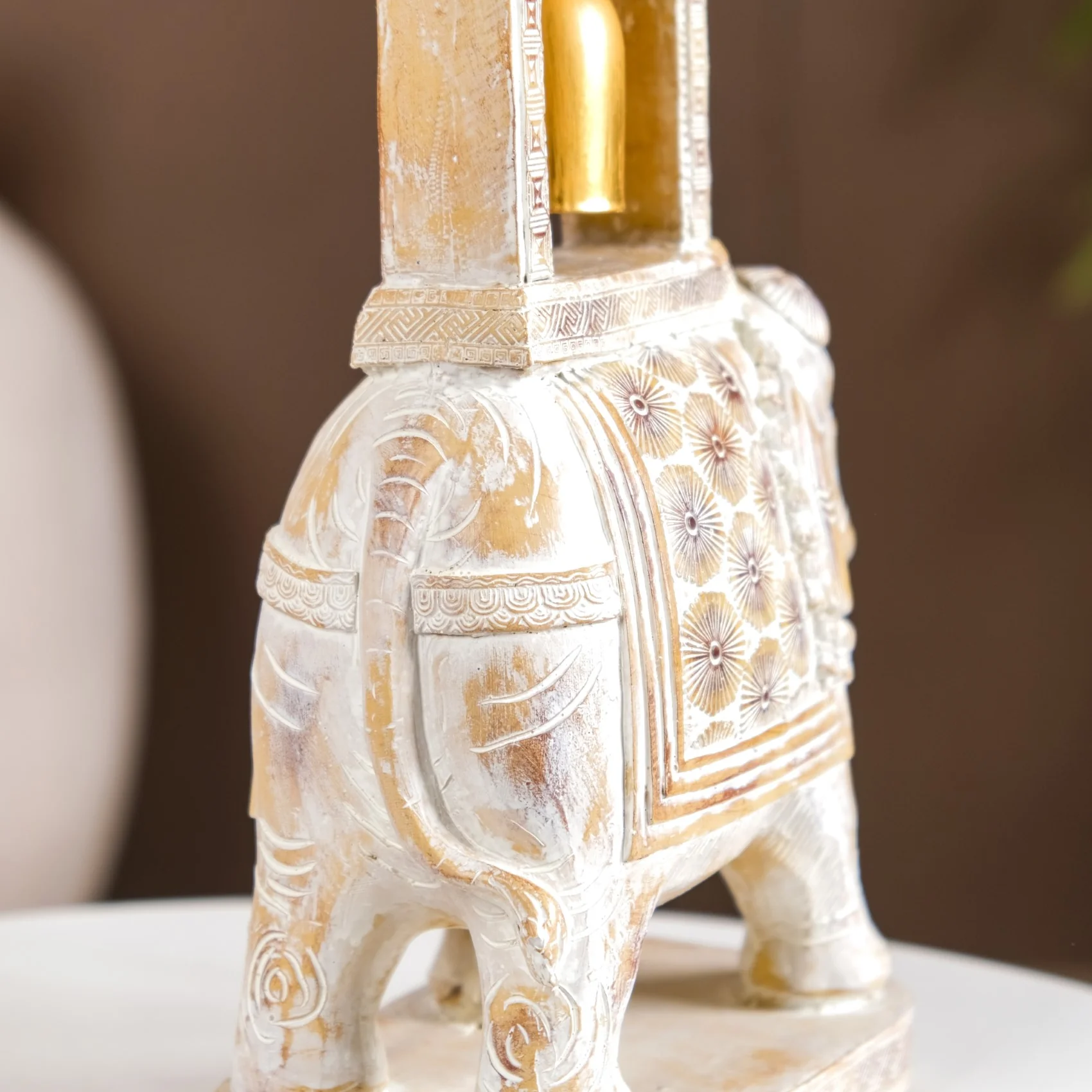 Decorated Elephant With Gold Bell Showpiece White - Image 10