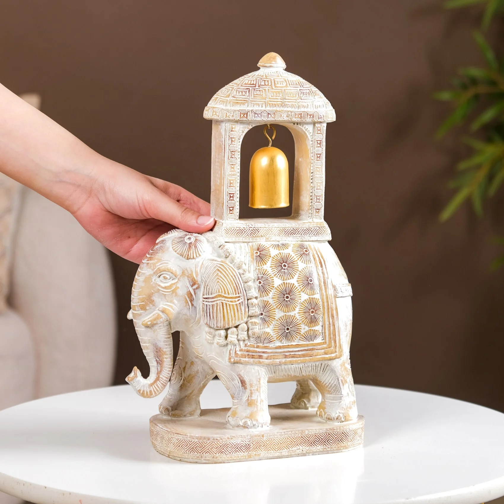 Decorated Elephant With Gold Bell Showpiece White - Image 2