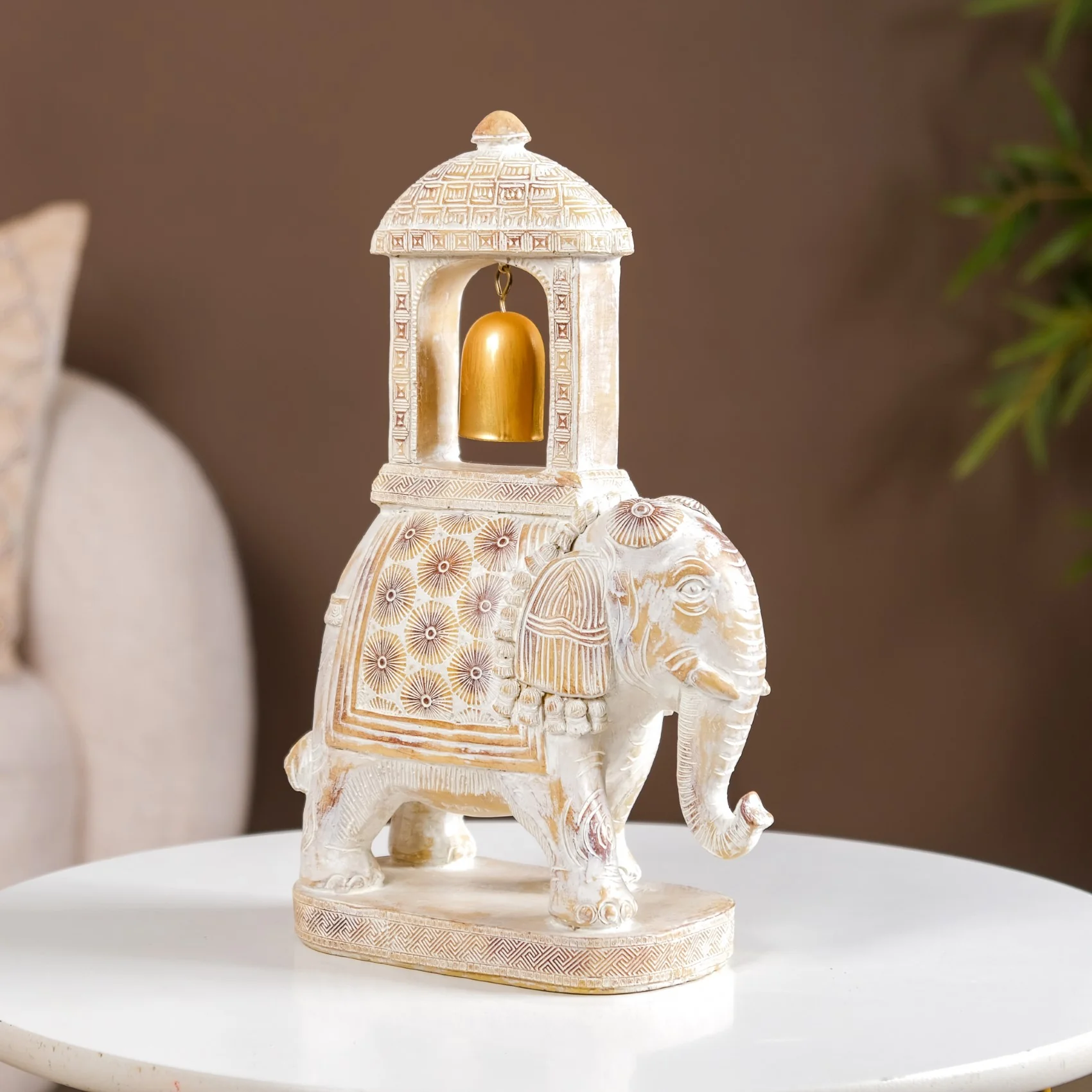Decorated Elephant With Gold Bell Showpiece White - Image 3