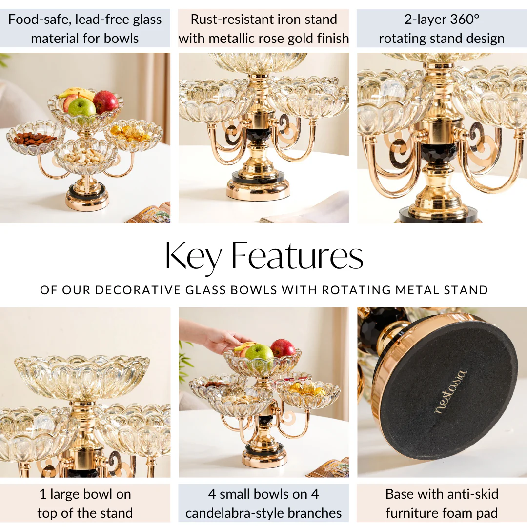 Decorative Glass Bowls Set of 5 With Rotating Metal Stand - Image 5