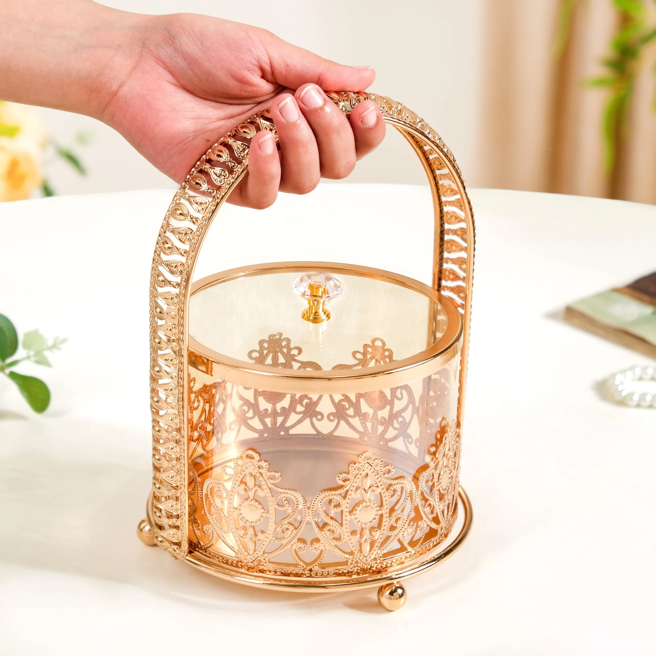 Decorative Glass Candy Jar With Handle And Lid - Image 2