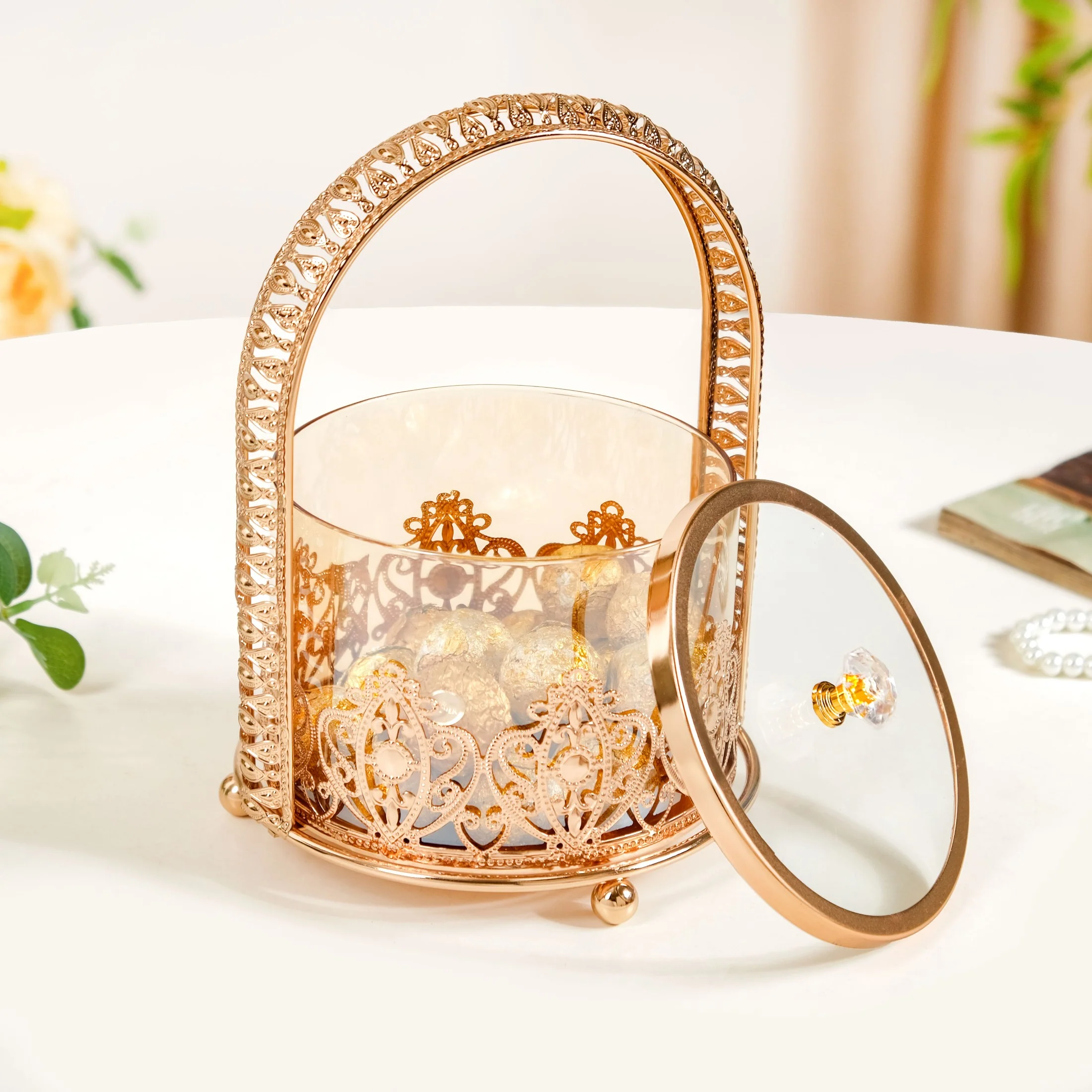 Decorative Glass Candy Jar With Handle And Lid - Image 7