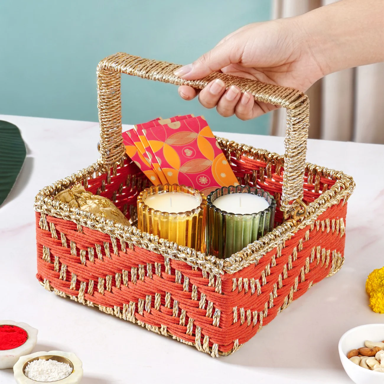 Decorative Handwoven Gift Basket With Handle Orange - Image 3