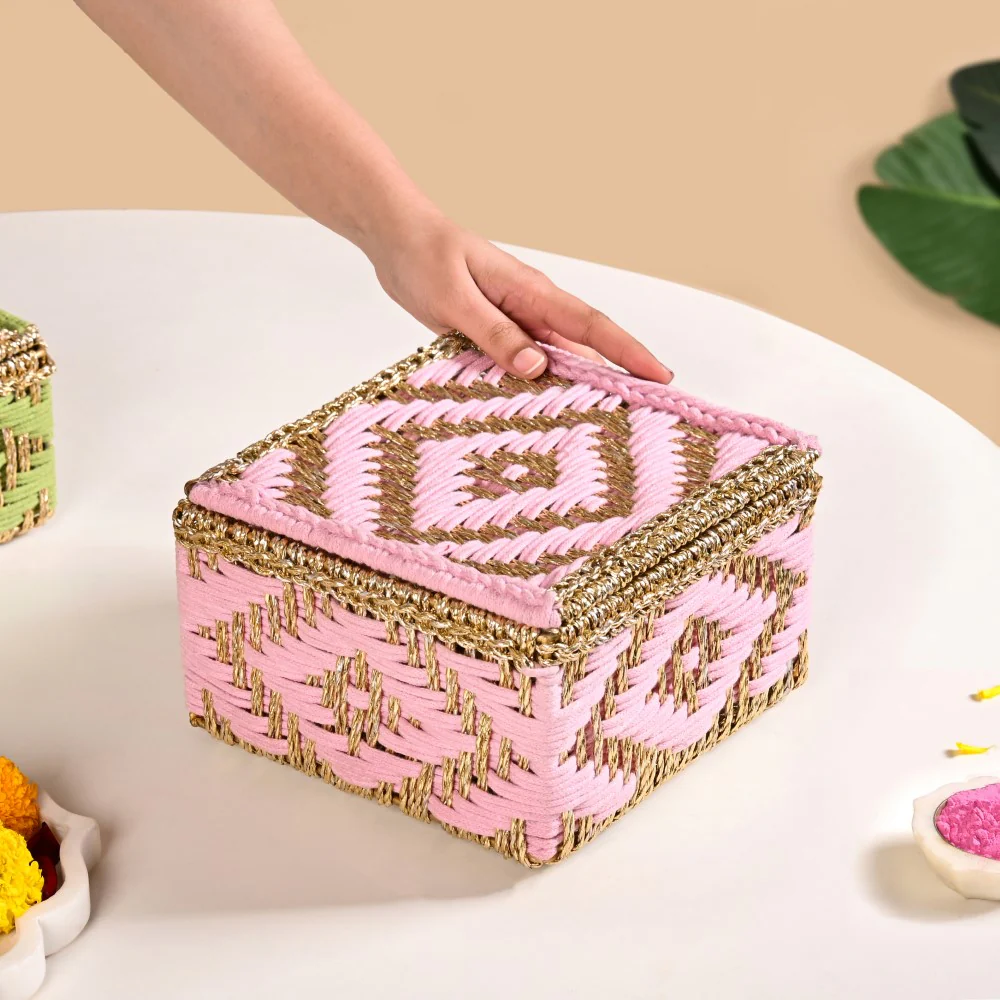 Decorative Multipurpose Handwoven Basket Gold And Pink - Image 2