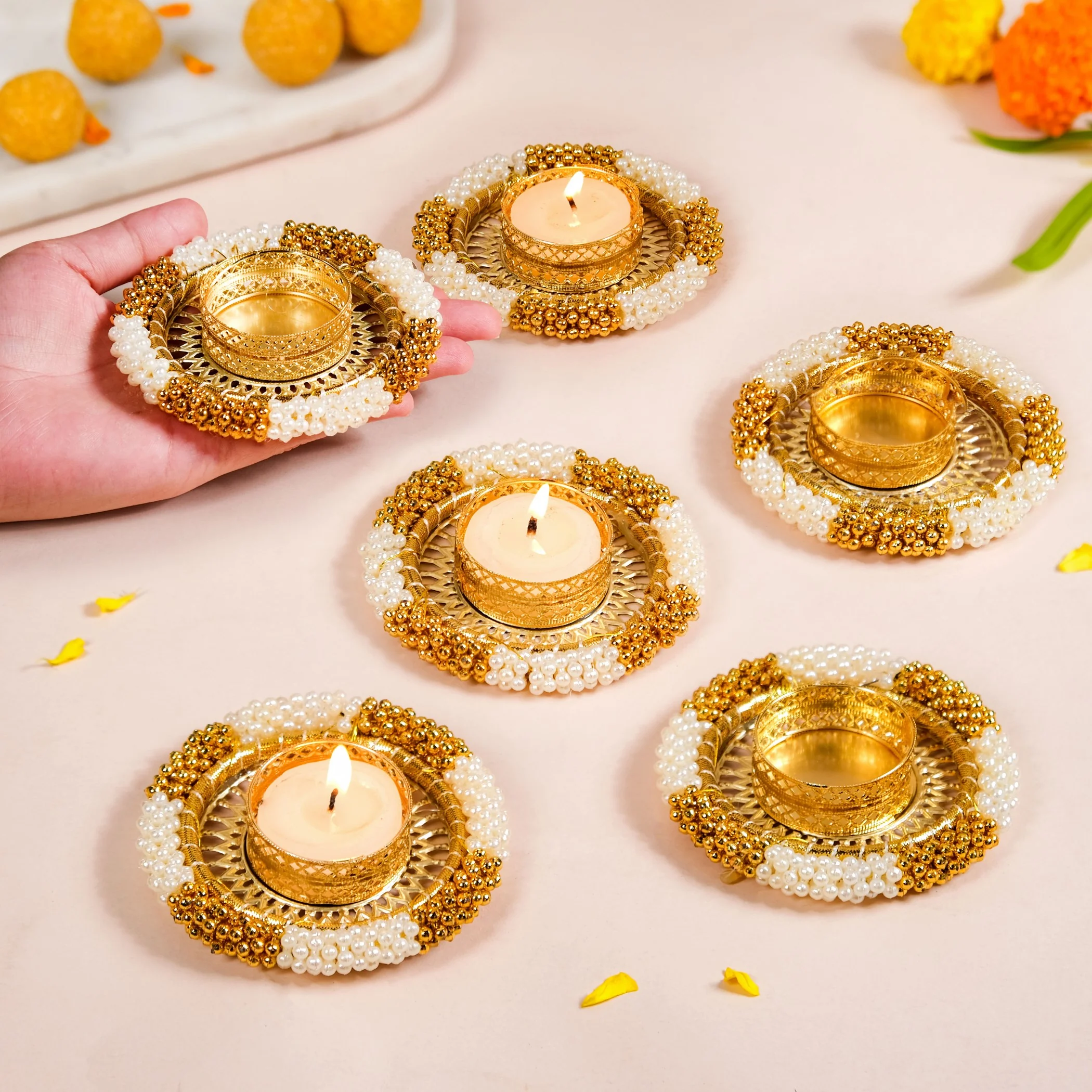 Decorative Pearl Gold Beaded Tealight Holders Set Of 6 - Image 2