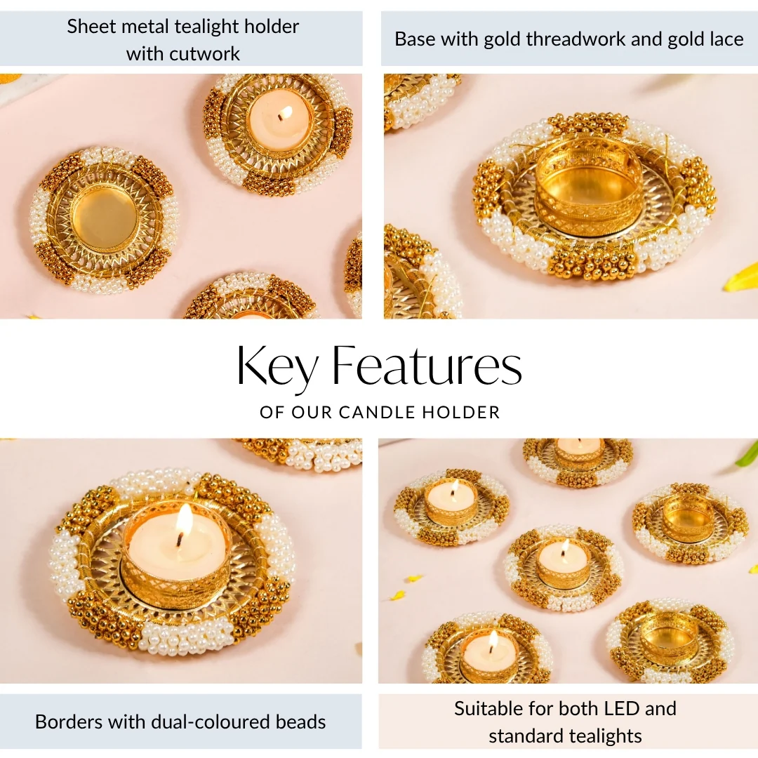 Decorative Pearl Gold Beaded Tealight Holders Set Of 6 - Image 5