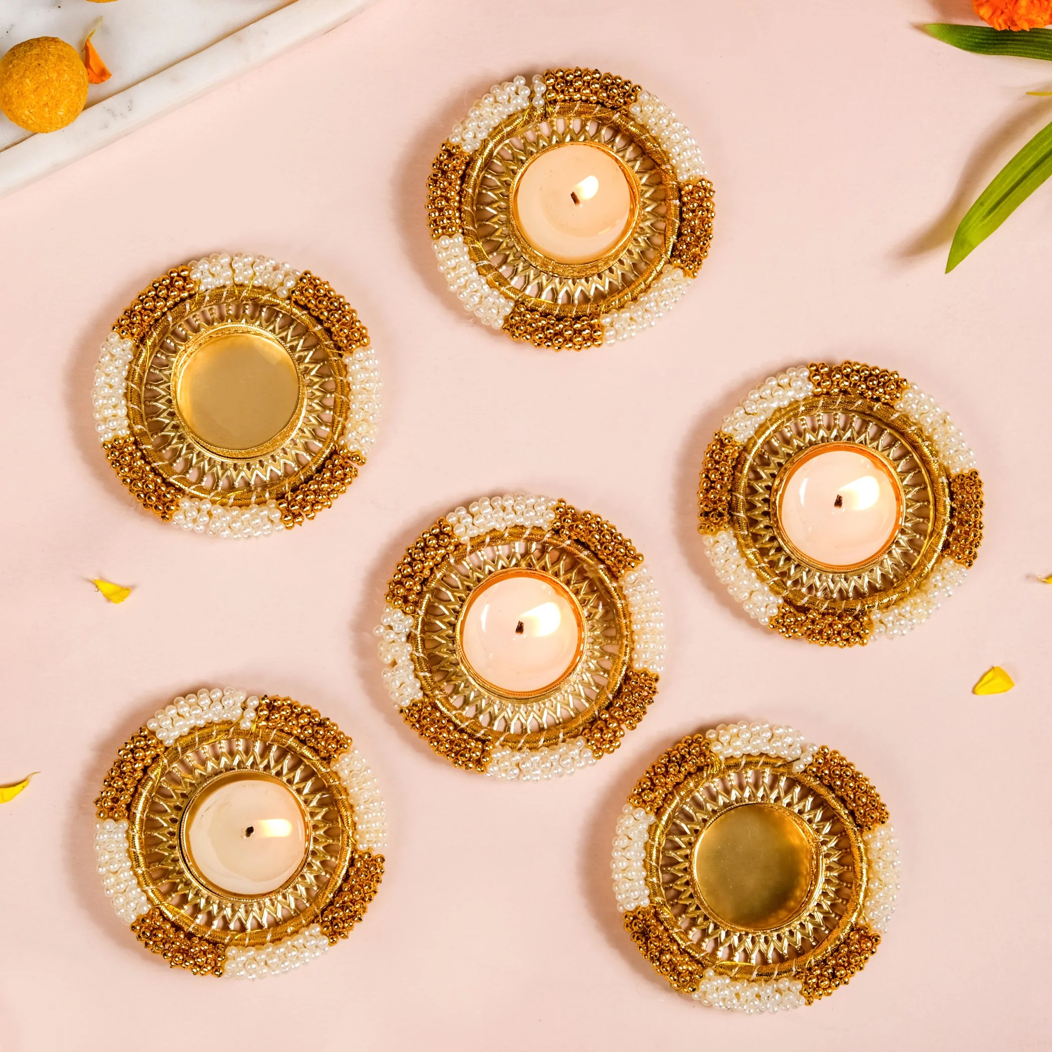 Decorative Pearl Gold Beaded Tealight Holders Set Of 6 - Image 8