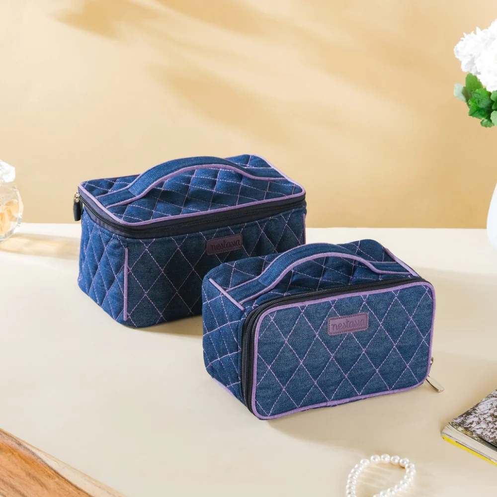 Denim Makeup Bag Set Of 2 Blue And Purple - Image 9
