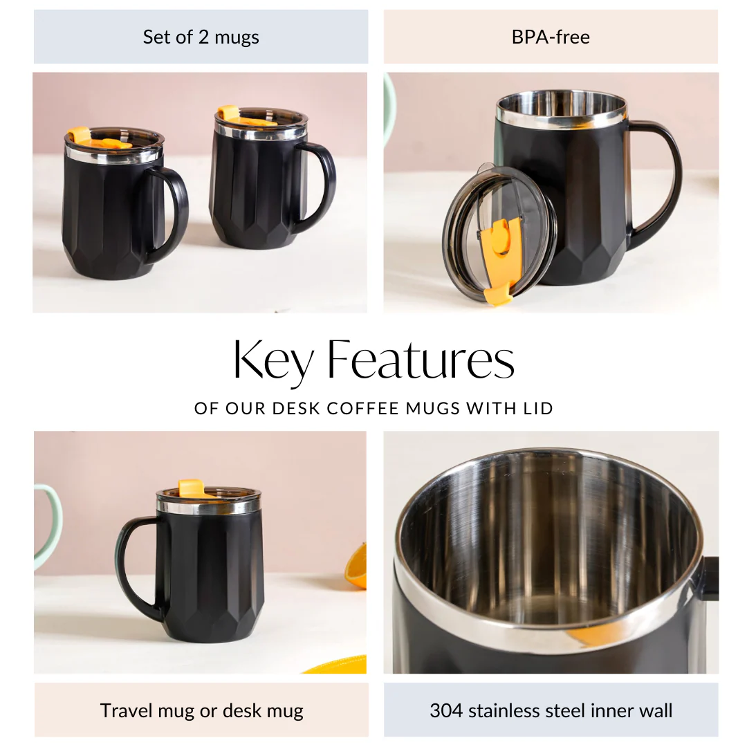 Desk Coffee Mug With Lid Set Of 2 Black 400ml - Image 5