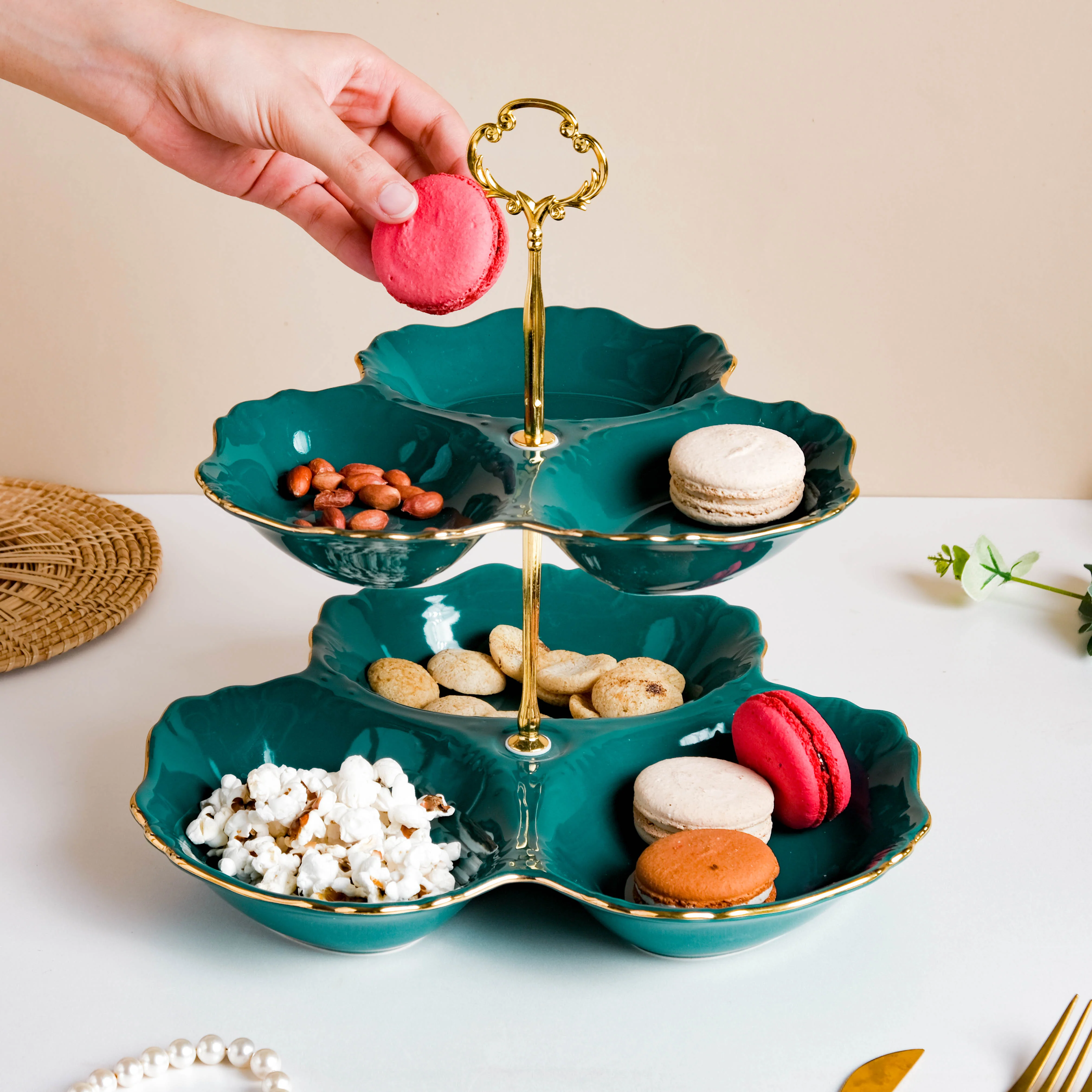 Dessert O' Clock Emerald Two Tier Golden Platter - Image 5