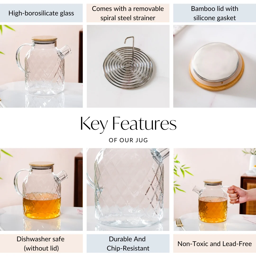 Diamond Glass Jug With Metal Spout Strainer 1700ml - Image 4