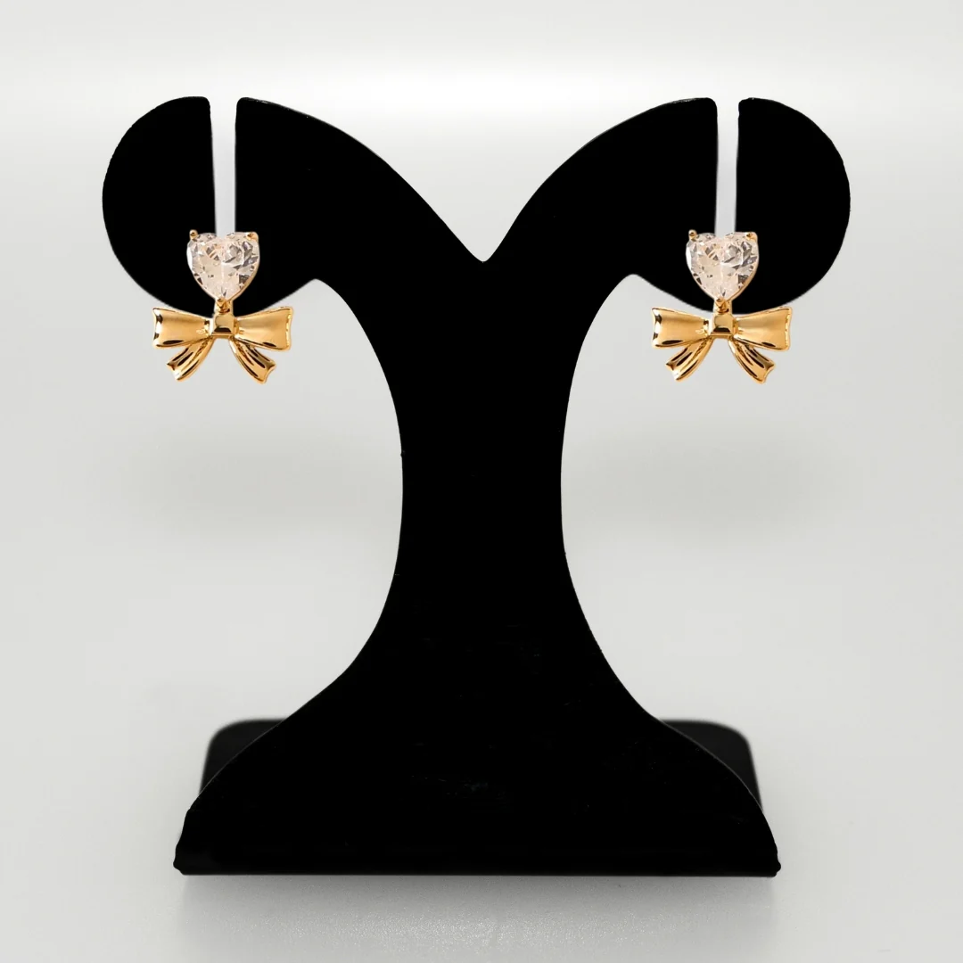 Diamond Heart Bow Drop Earrings Gold - Image 6