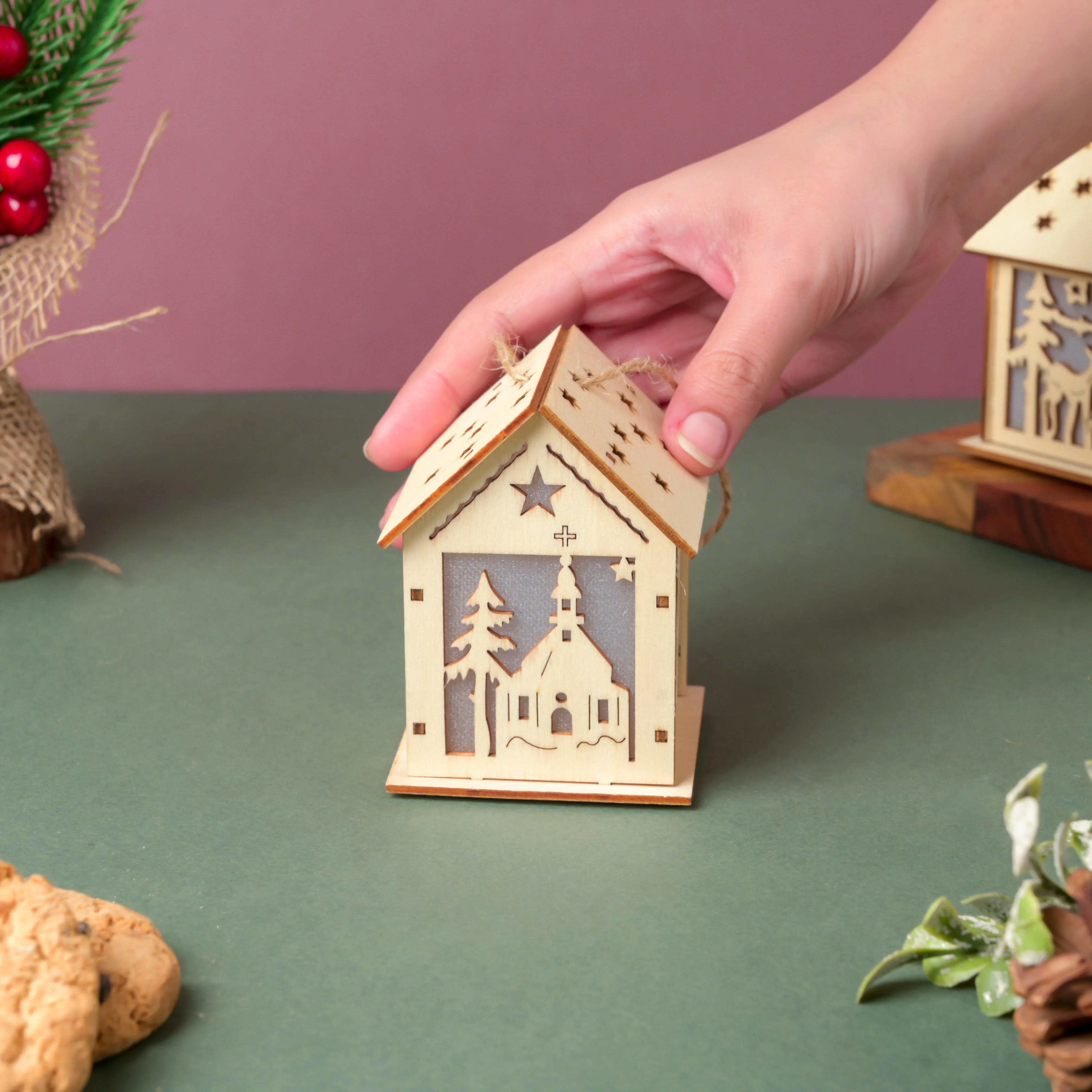 DIY Wooden House LED Christmas Decor Small - Image 2