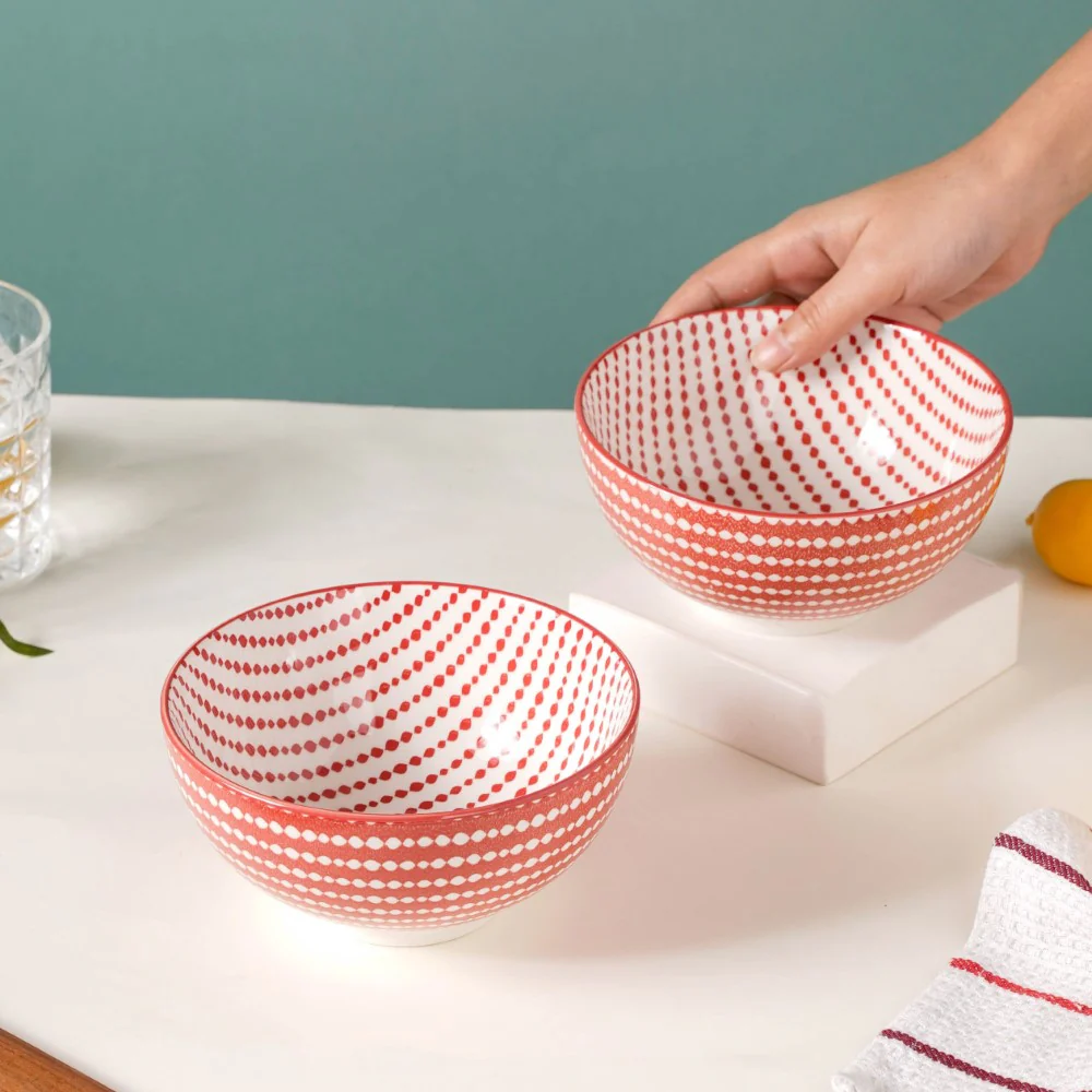 Dots Patterned Snack Bowl Set Of 2 Red 500ml - Image 2