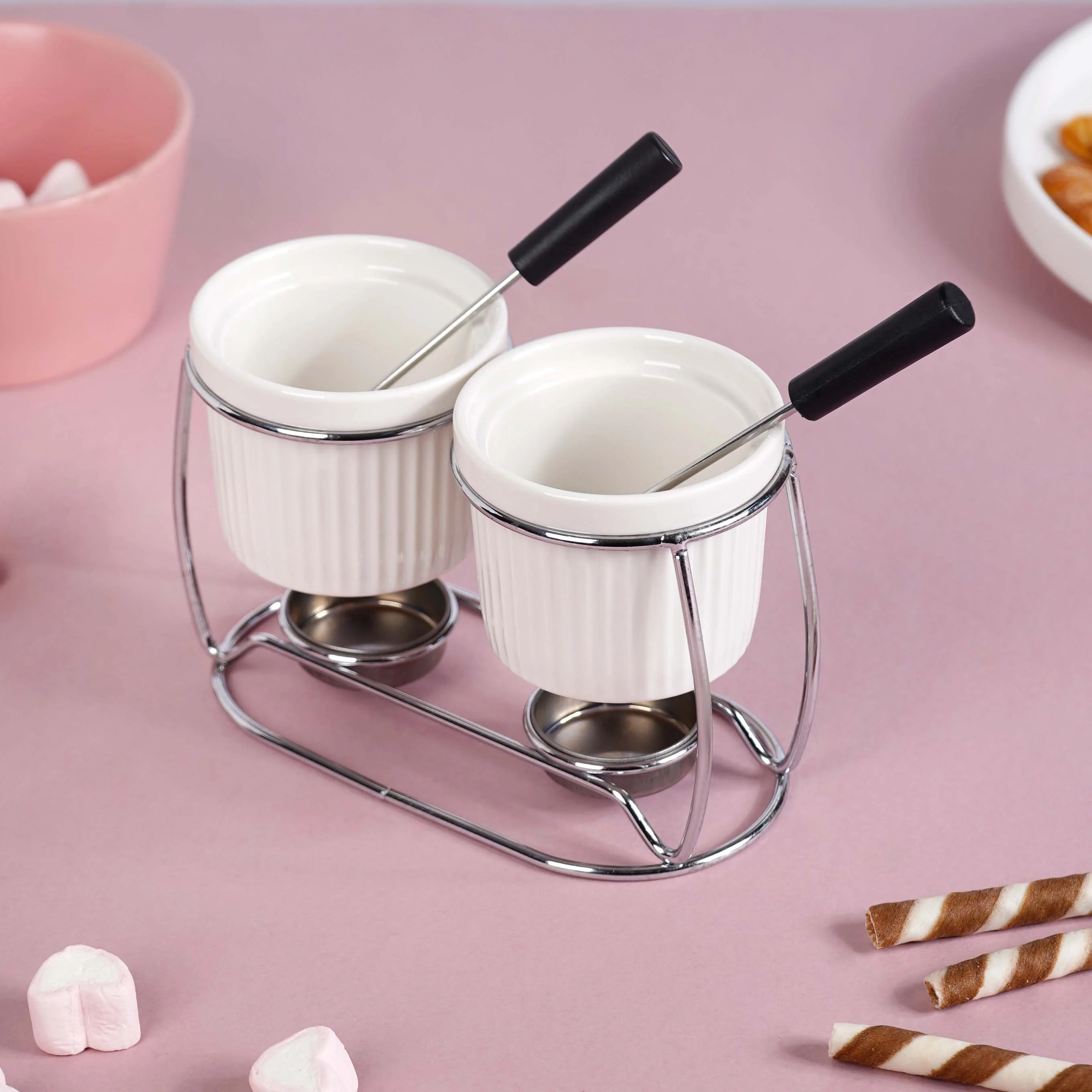 Double Bowl Ceramic Fondue Set - Image 2