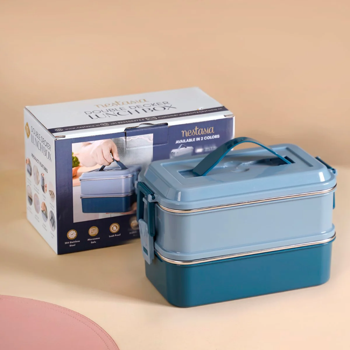 Double Decker Bento Lunch Box Blue 1400ml - Image 3