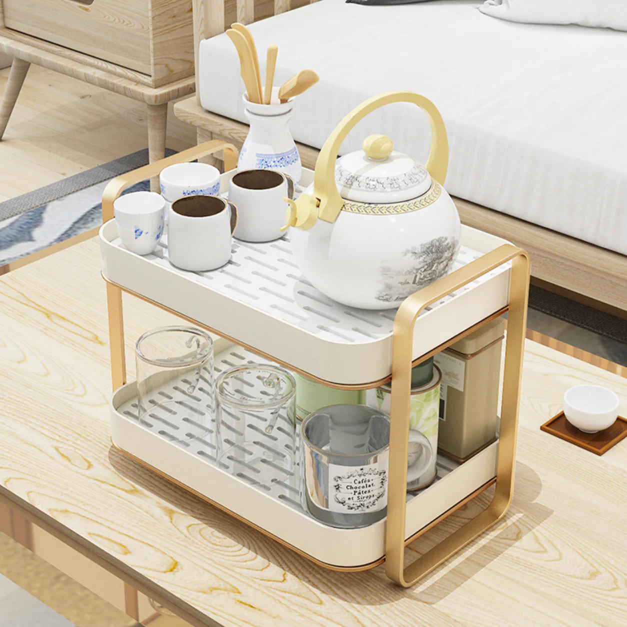 Double Decker Organiser Rack White Gold - Image 24