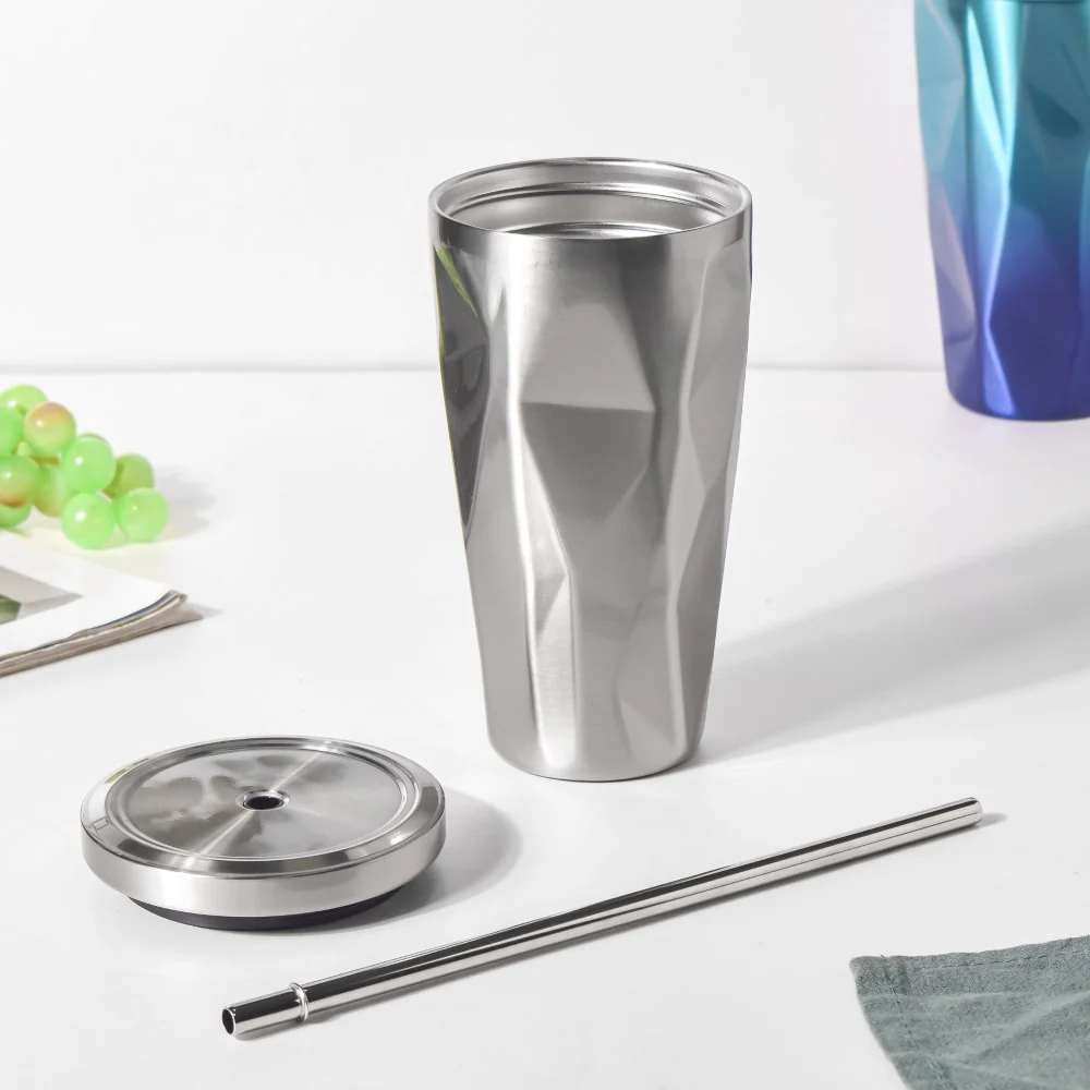 Double Walled Tumbler With Straw Silver 500ml - Image 3
