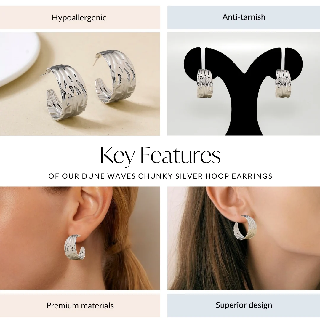 Dune Waves Chunky Silver Hoop Earrings - Image 4