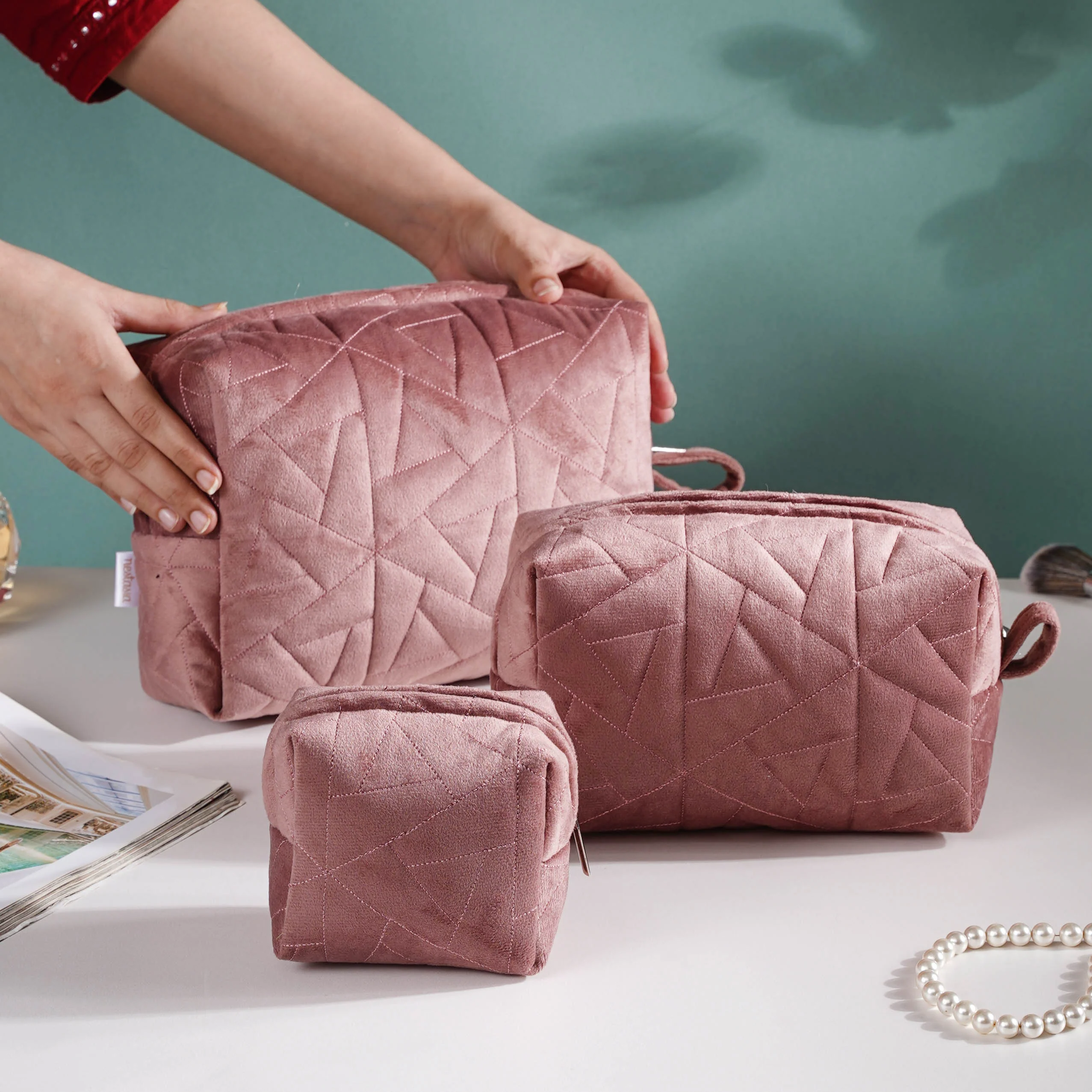 Dusty Rose Pink Cosmetic Bag Set Of 3 - Image 6