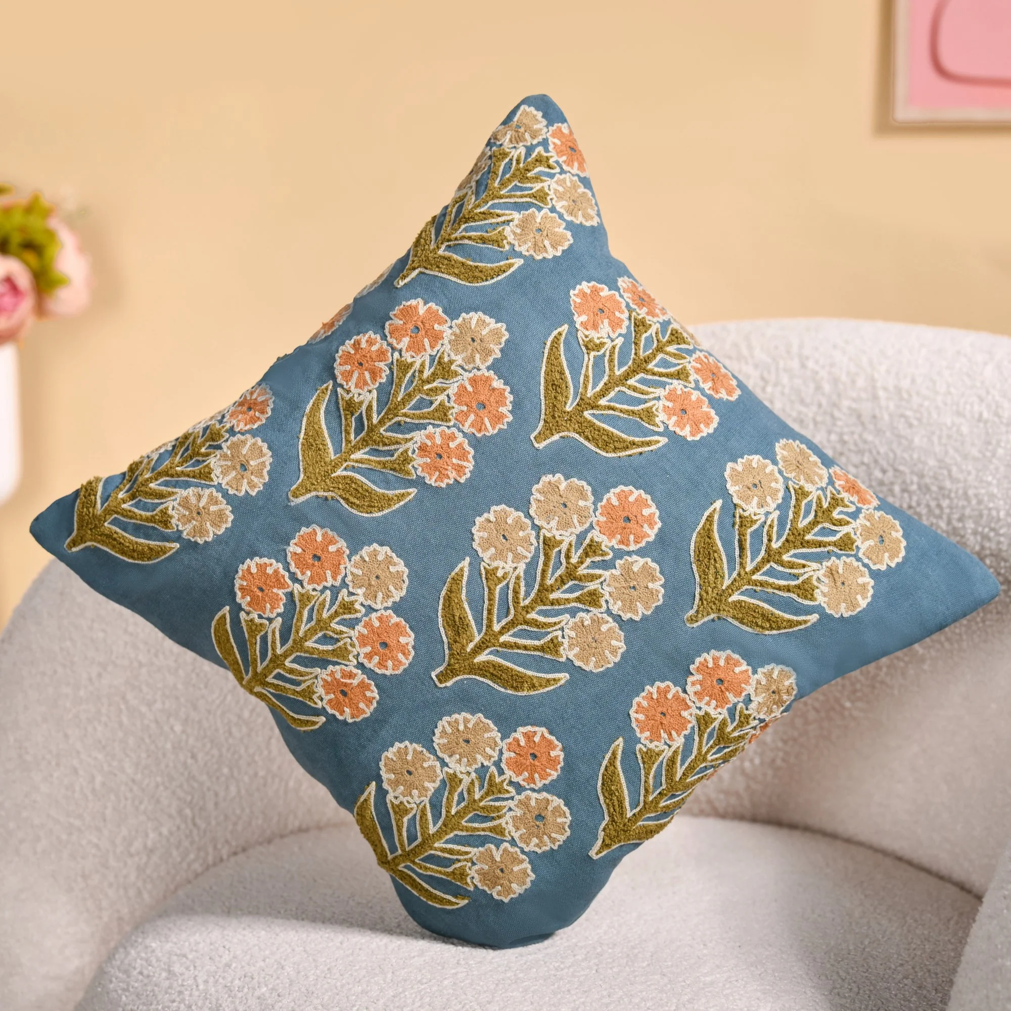 Earthy Botanical Embroidered Cushion Cover 40x40cm - Image 2