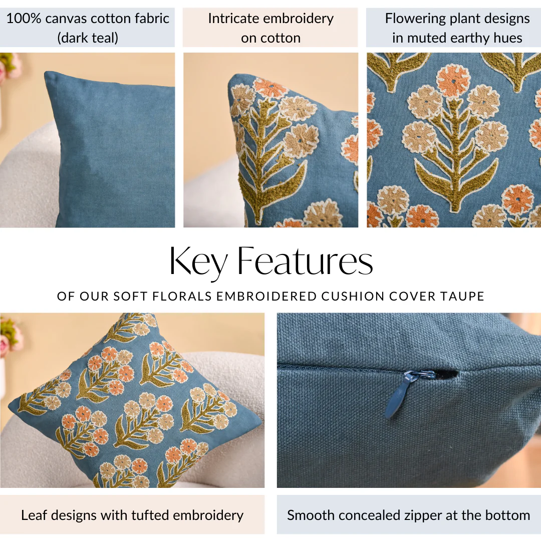 Earthy Botanical Embroidered Cushion Cover 40x40cm - Image 5