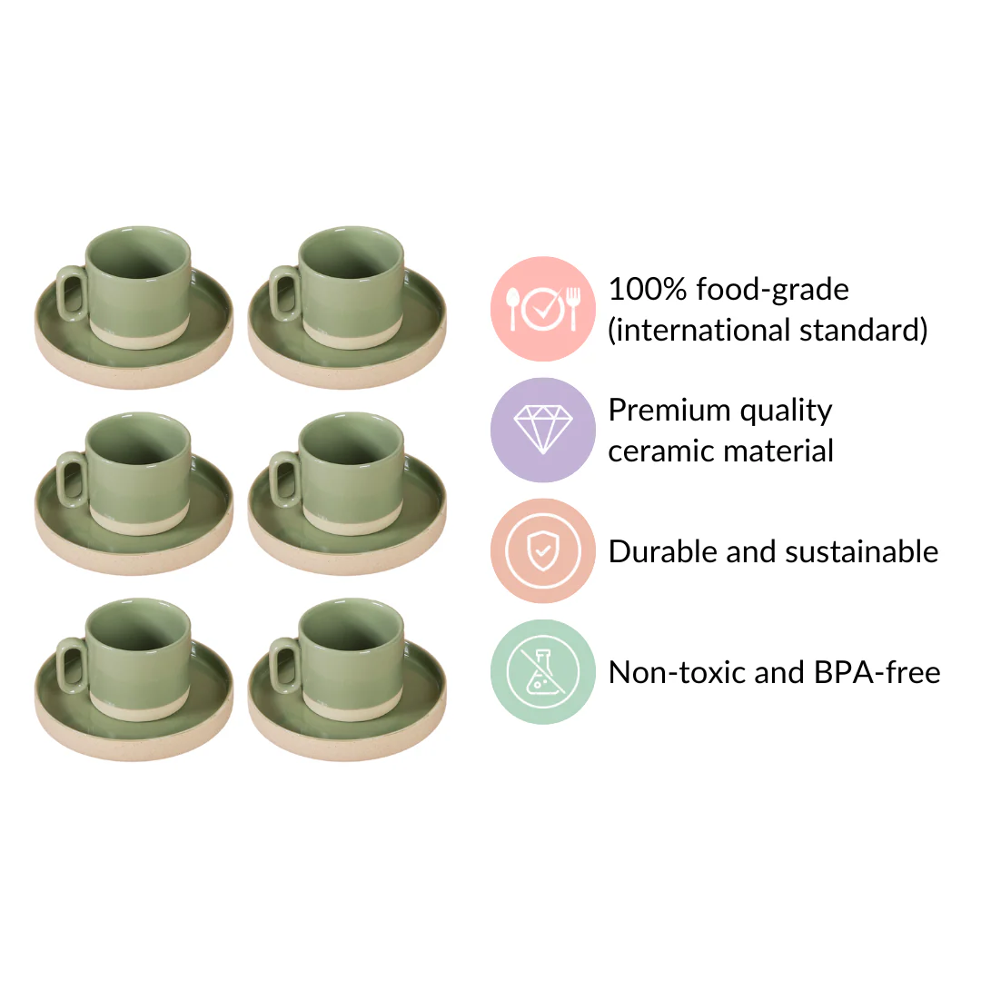 Earthy Clay Cup And Saucer Set Of 6 Sage Green 100ml - Image 4