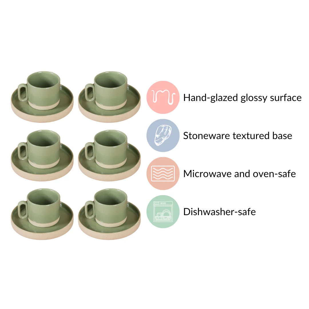 Earthy Clay Cup And Saucer Set Of 6 Sage Green 100ml - Image 5