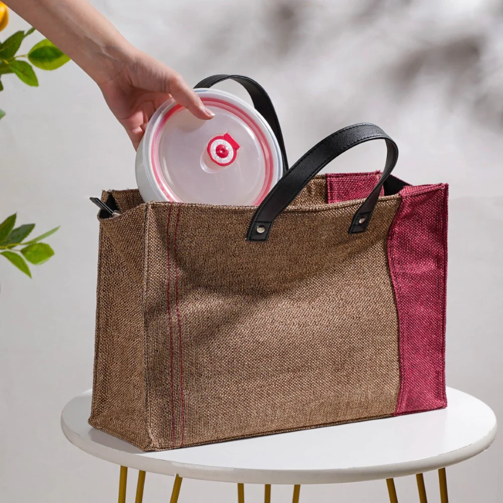Eco Friendly Jute Lunch Bag Beige And Red 15 x 10 Inch - Image 3