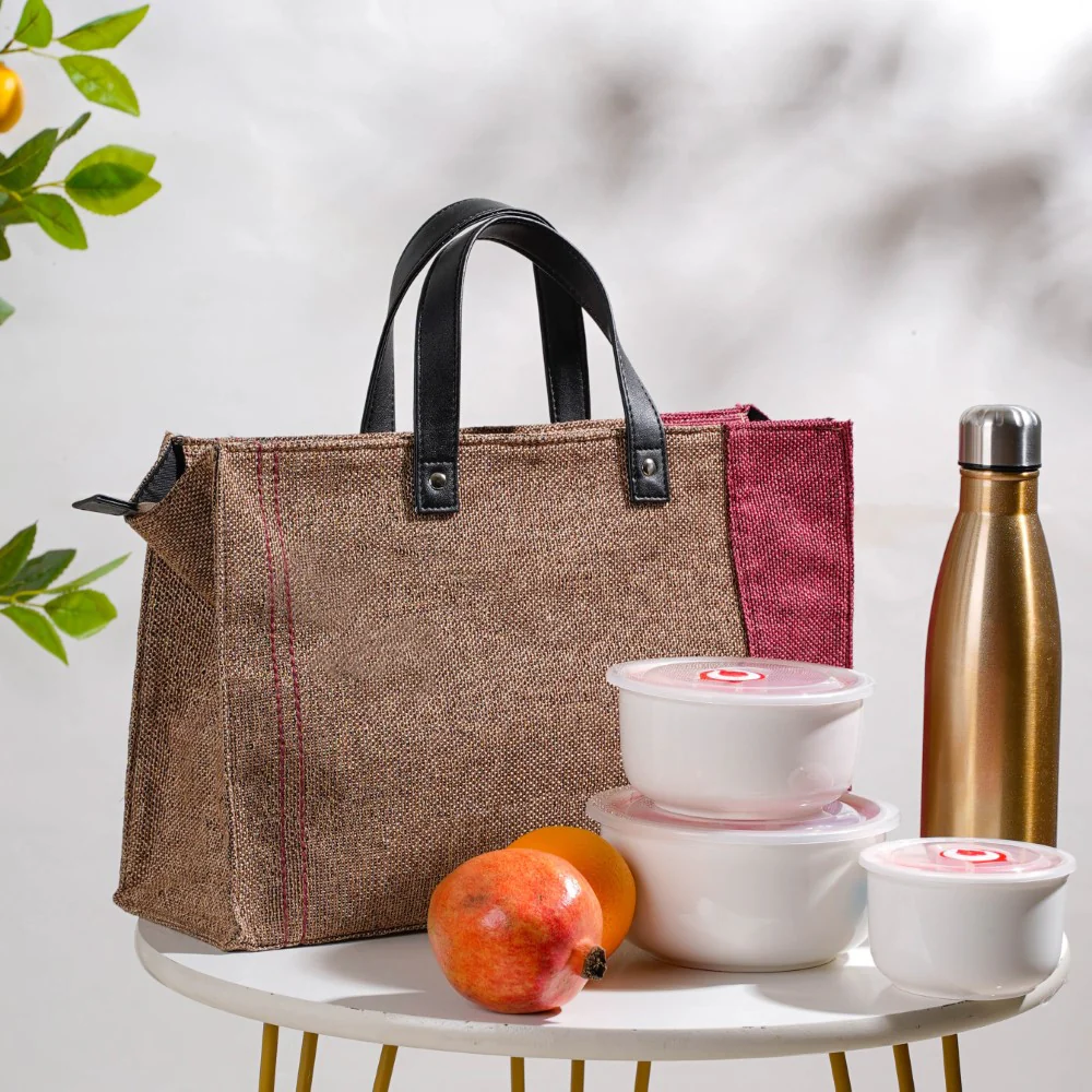 Eco Friendly Jute Lunch Bag Beige And Red 15 x 10 Inch - Image 4