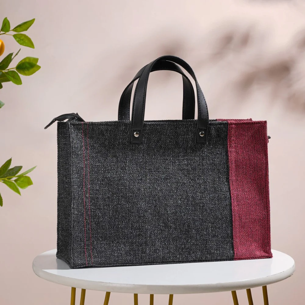 Eco Friendly Jute Lunch Bag Black And Red 15 x 10 Inch - Image 14