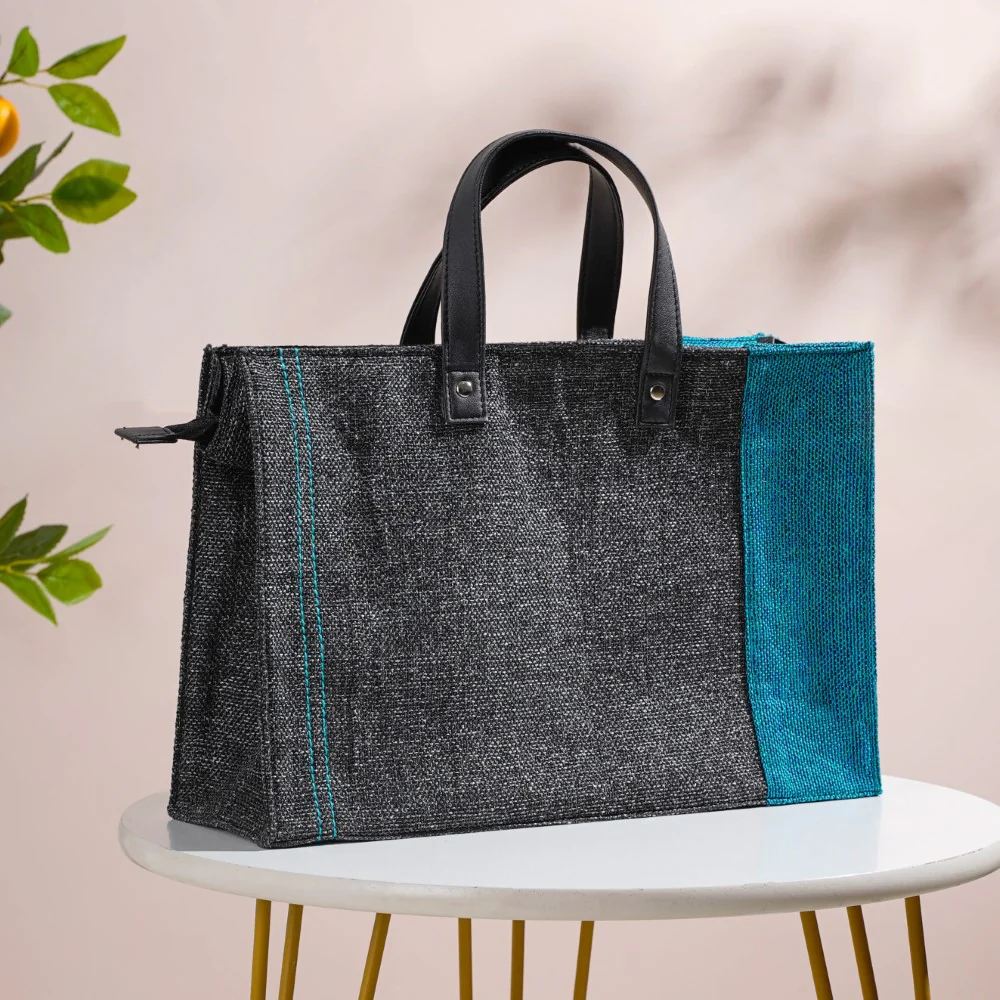 Eco Friendly Jute Lunch Bag Black And Teal 15 x 10 Inch - Image 13