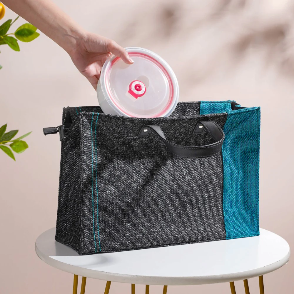 Eco Friendly Jute Lunch Bag Black And Teal 15 x 10 Inch - Image 6