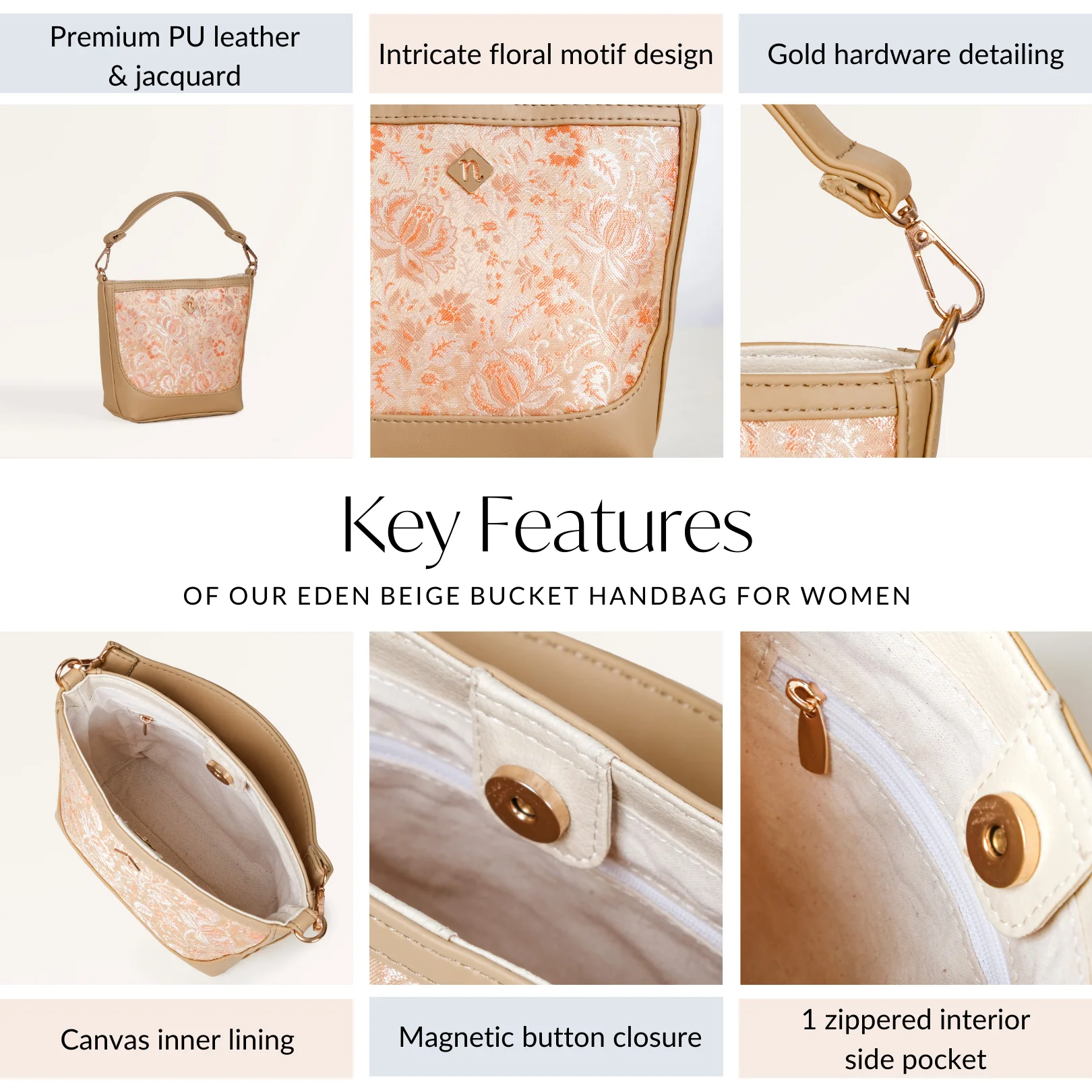Eden Beige Bucket Handbag For Women - Image 6