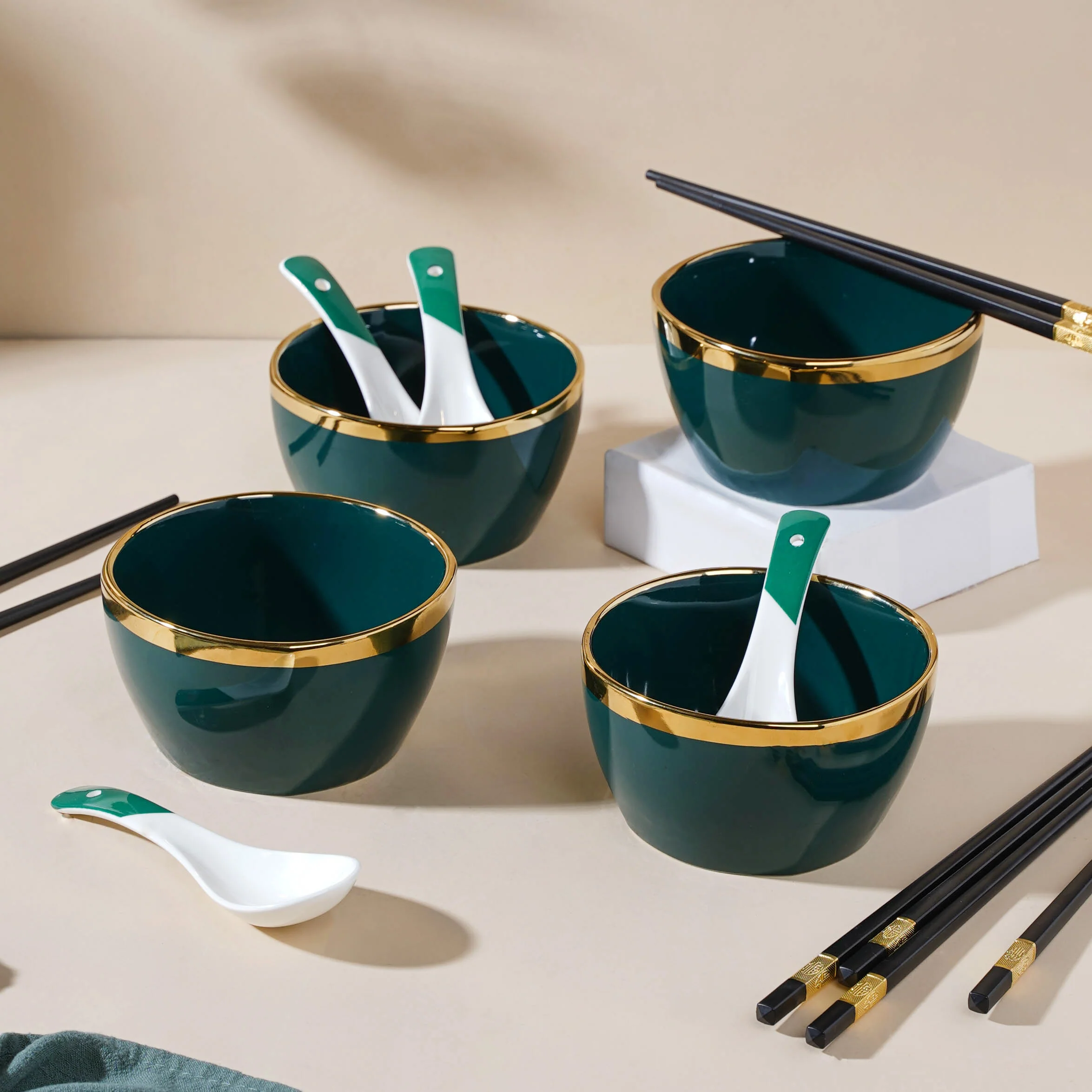 Emerald Snack Bowl Set Of 4 With Chopsticks And Soup Spoons - Image 4