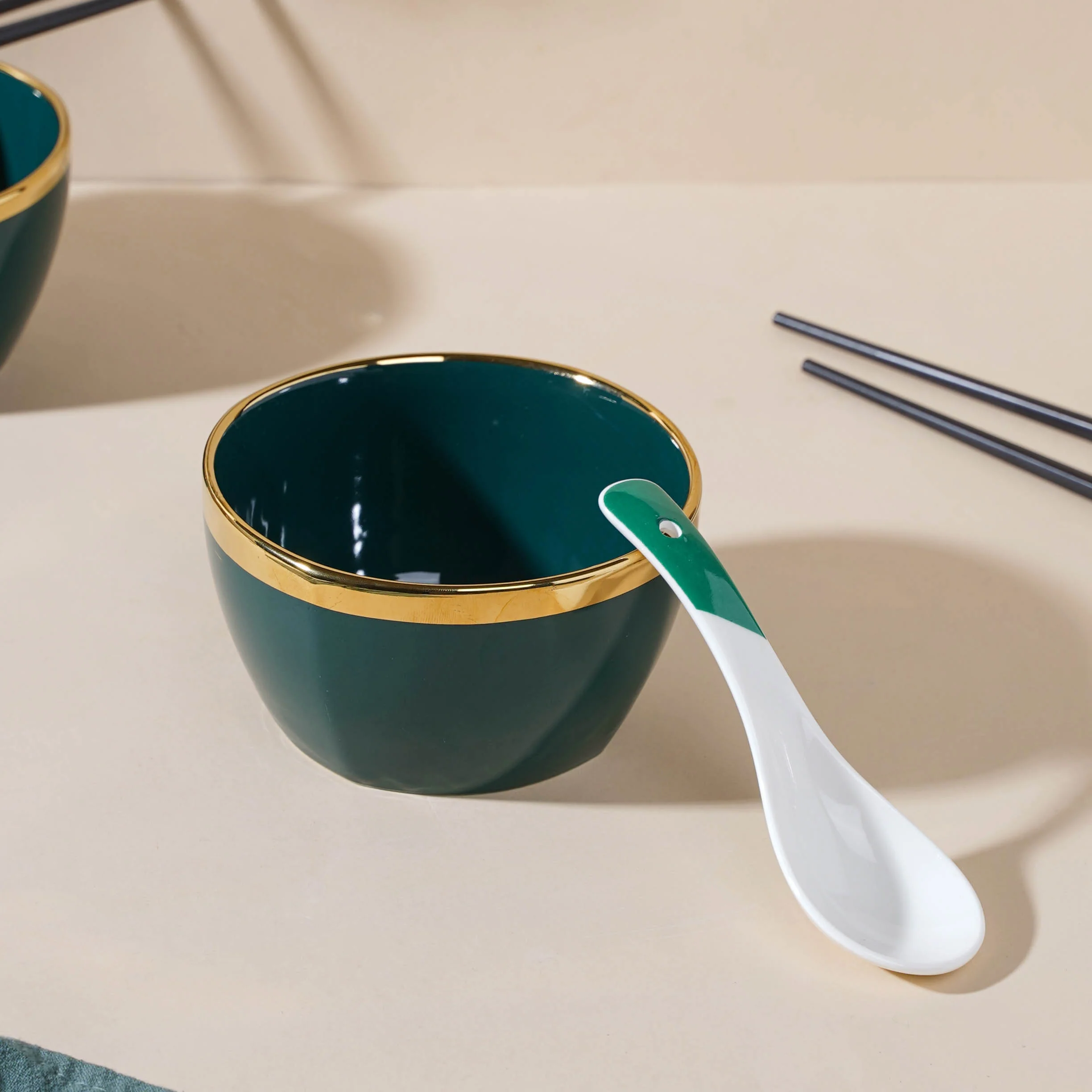Emerald Snack Bowl Set Of 4 With Chopsticks And Soup Spoons - Image 5