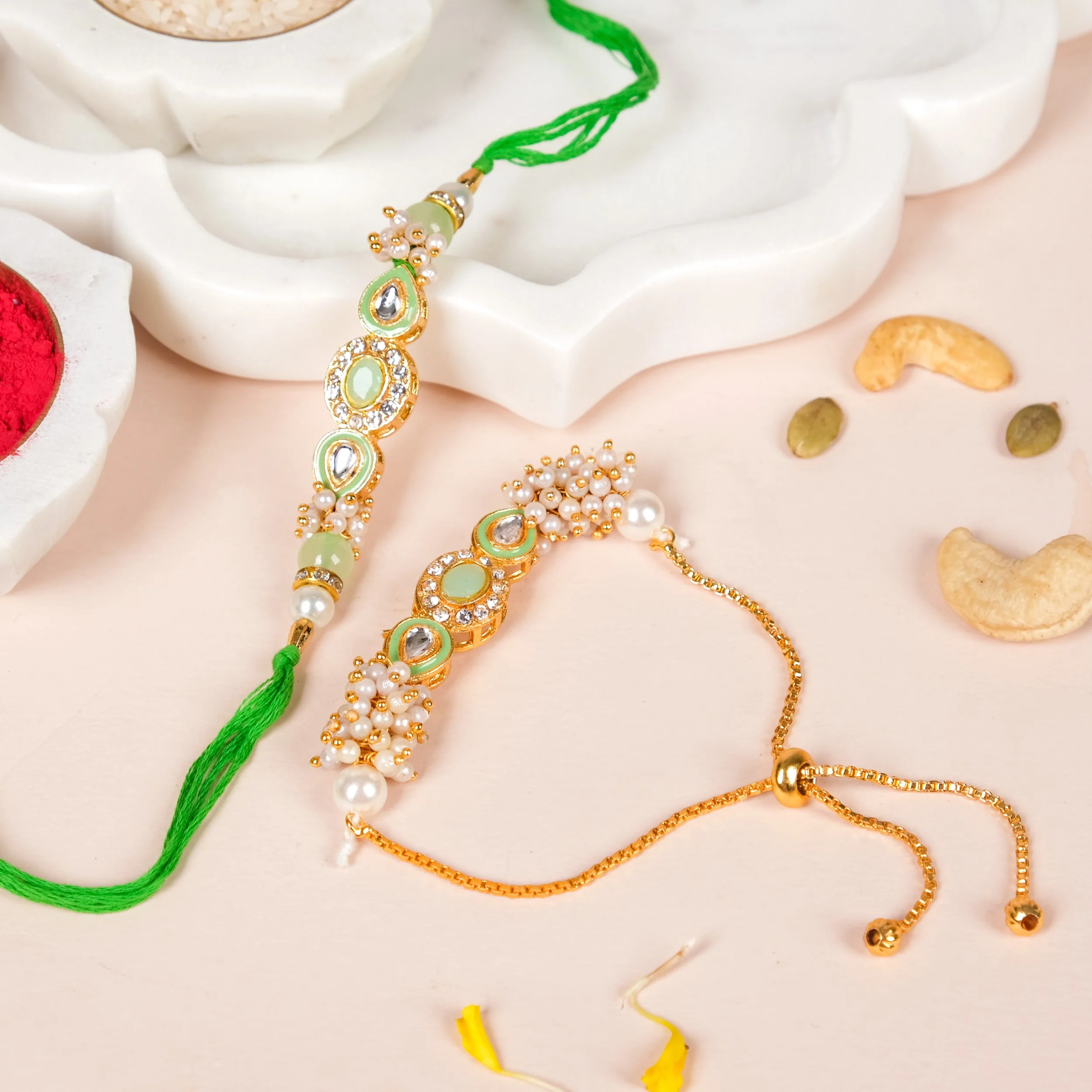 Elegant Green Kundan Rakhi Hamper For Bhaiya Bhabhi