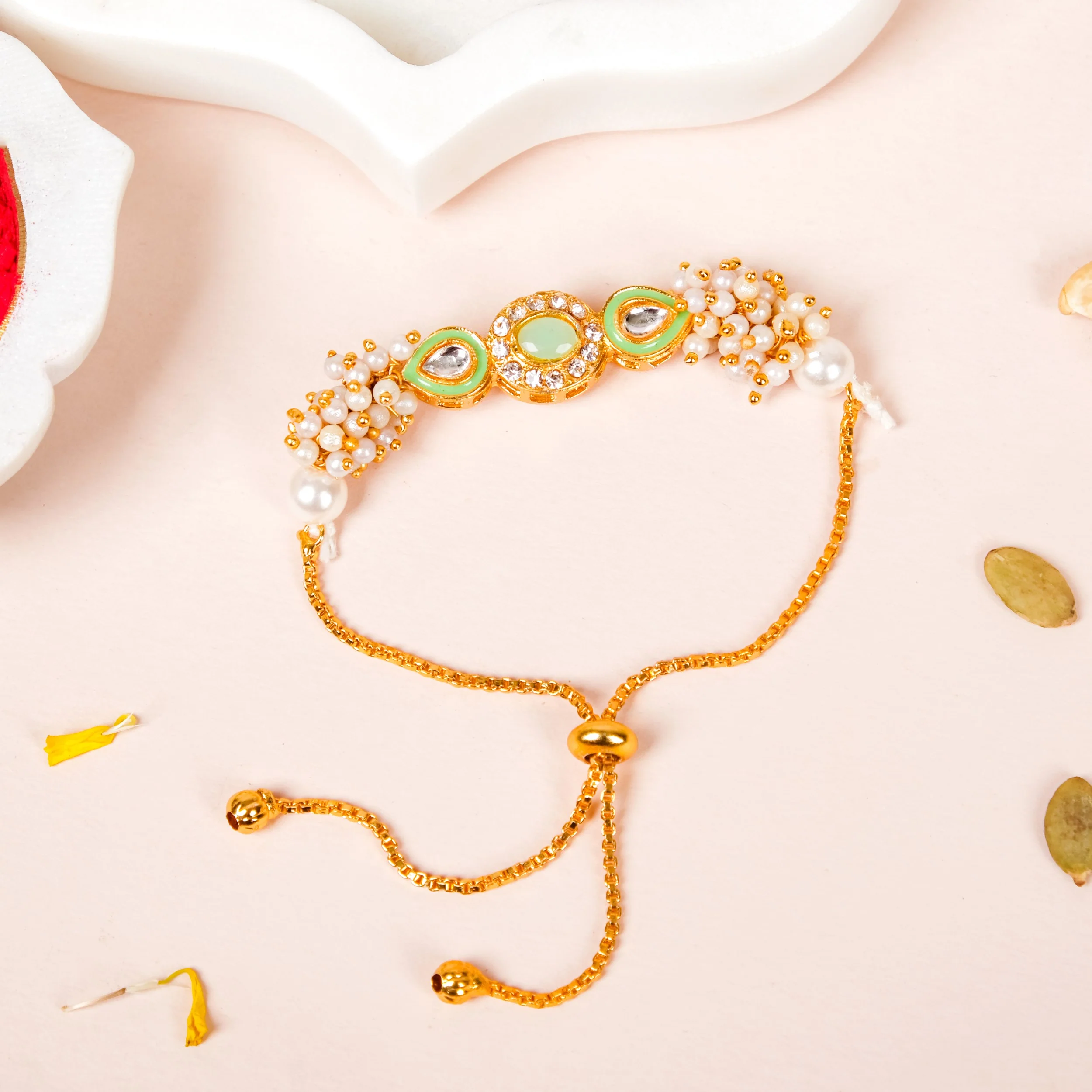 Elegant Green Kundan Rakhi Hamper For Bhaiya Bhabhi - Image 2