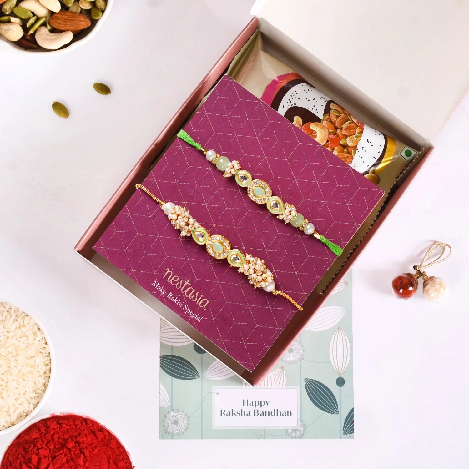 Elegant Green Kundan Rakhi Hamper For Bhaiya Bhabhi - Image 6