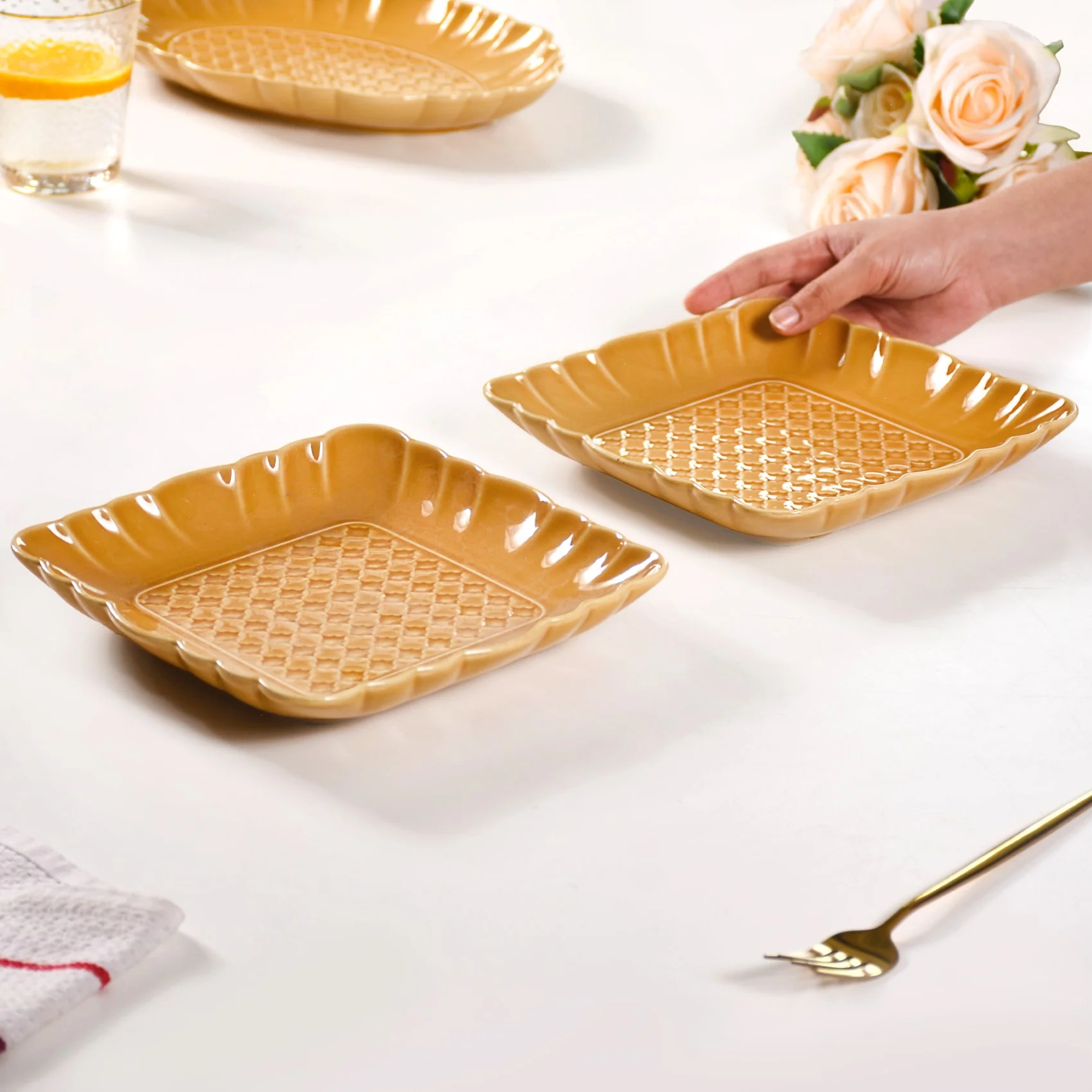 Elegant Scallop Rim Square Platter Set Of 2 Yellow Ochre 8 Inch - Image 2